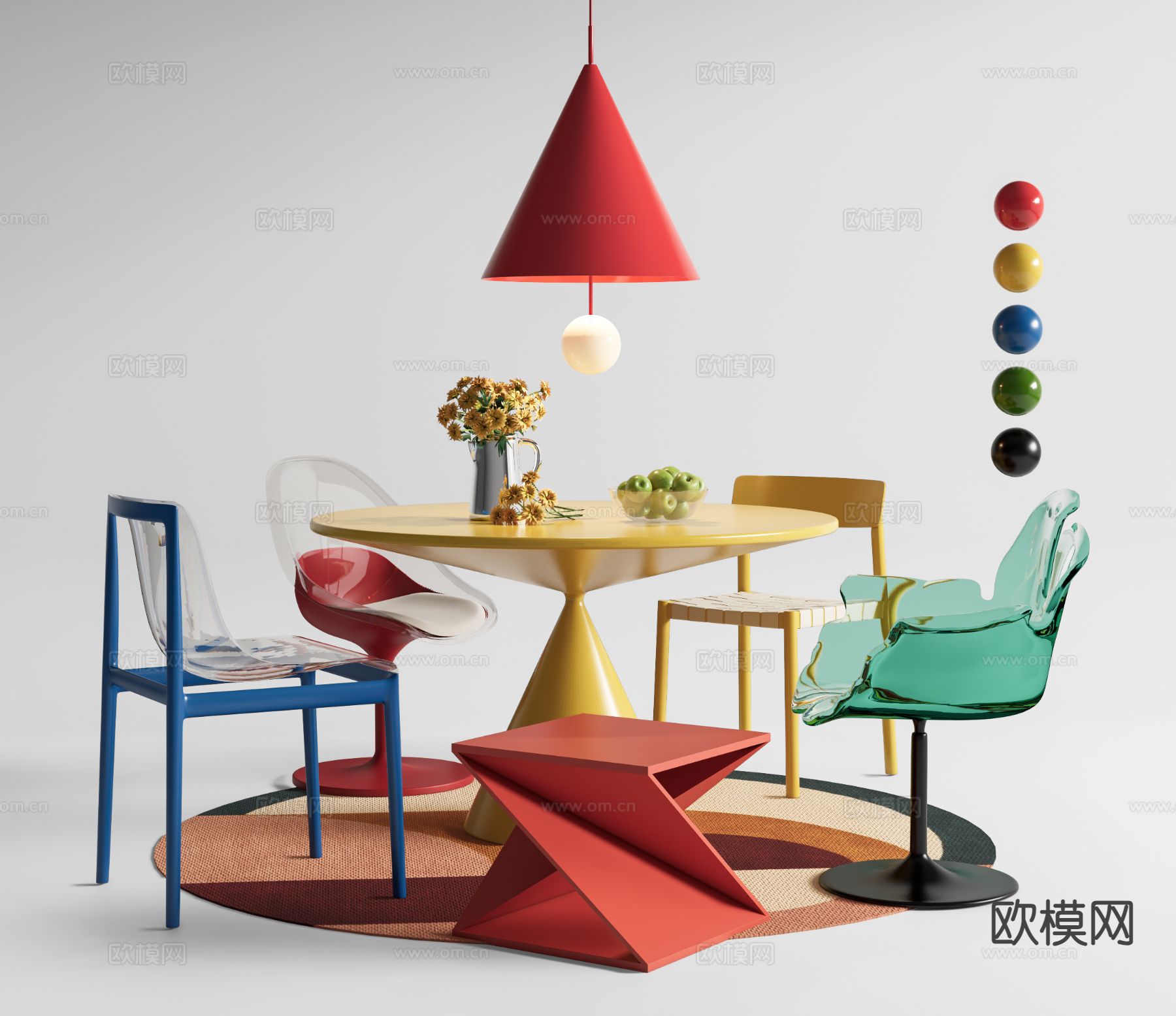 多巴胺圆形餐桌 孟菲斯餐桌椅3d模型下载