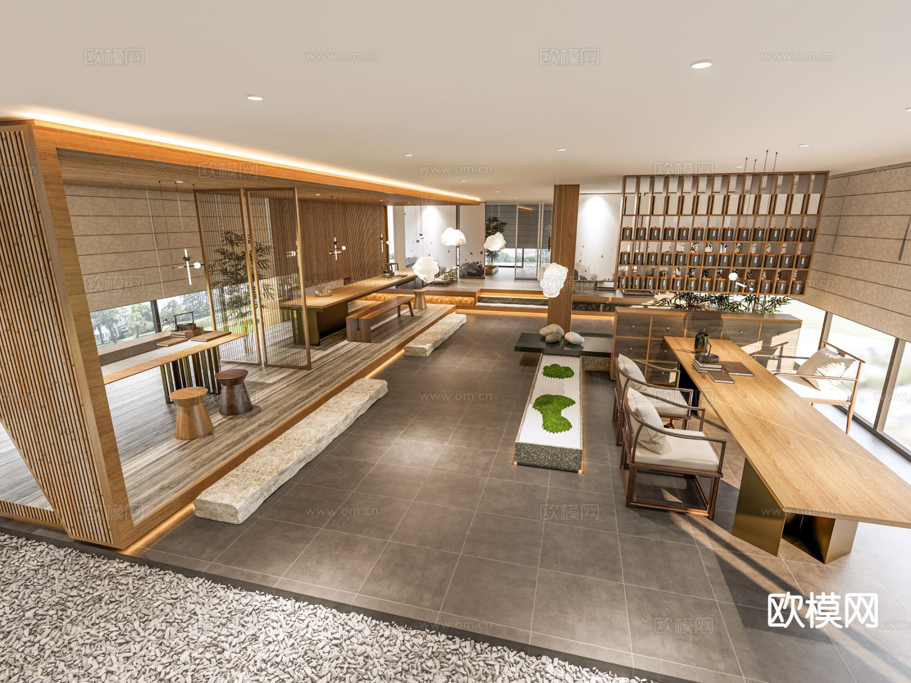新中式茶馆 茶室su模型下载（渲染图2）