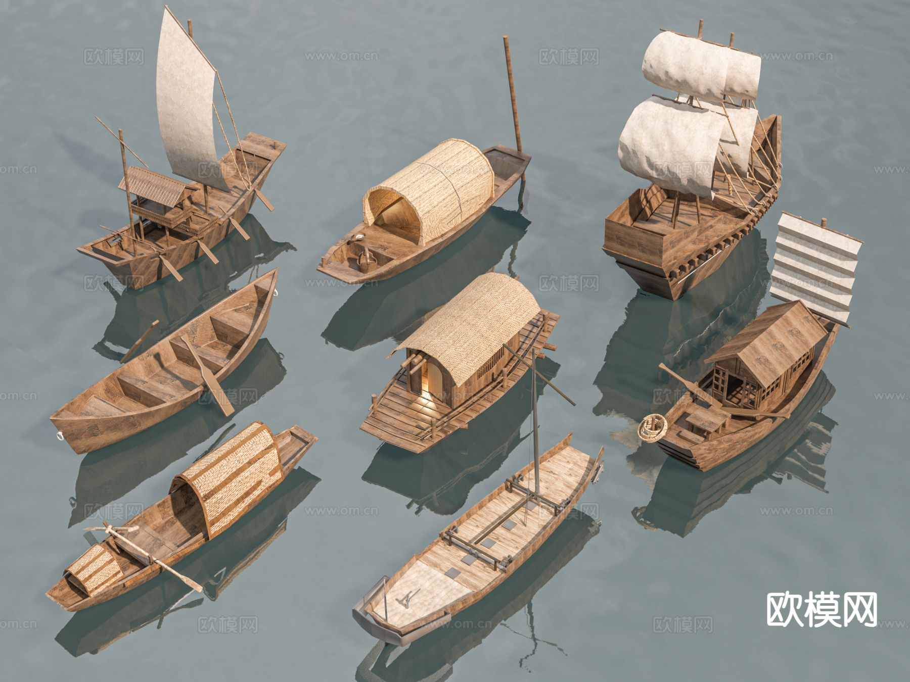 中式船 乌篷船 渔船 木船 古代船3d模型下载（渲染图1）