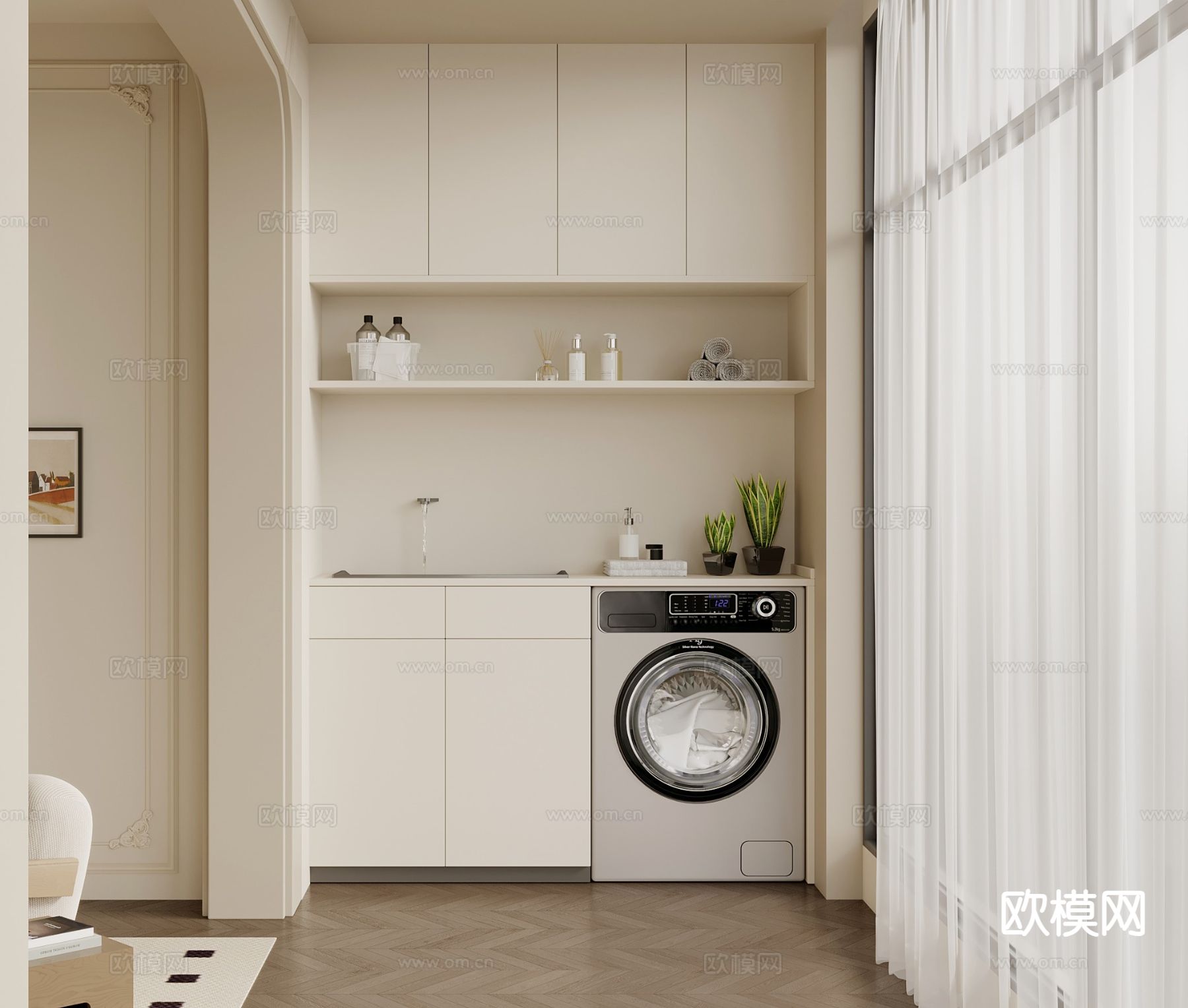 奶油风阳台柜 洗衣机柜3d模型下载