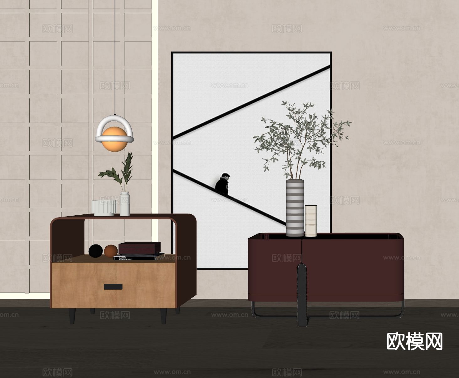 现代床头柜su模型下载（渲染图1）