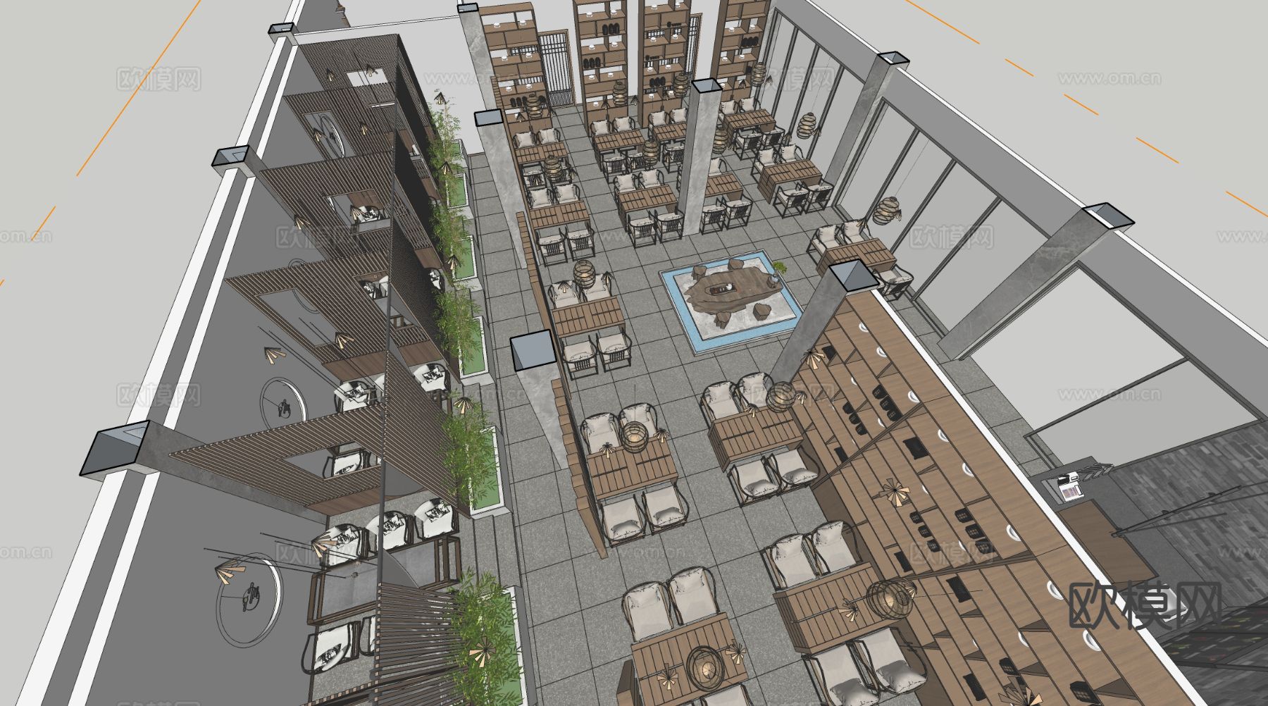 新中式茶馆 茶室su模型下载（渲染图1）