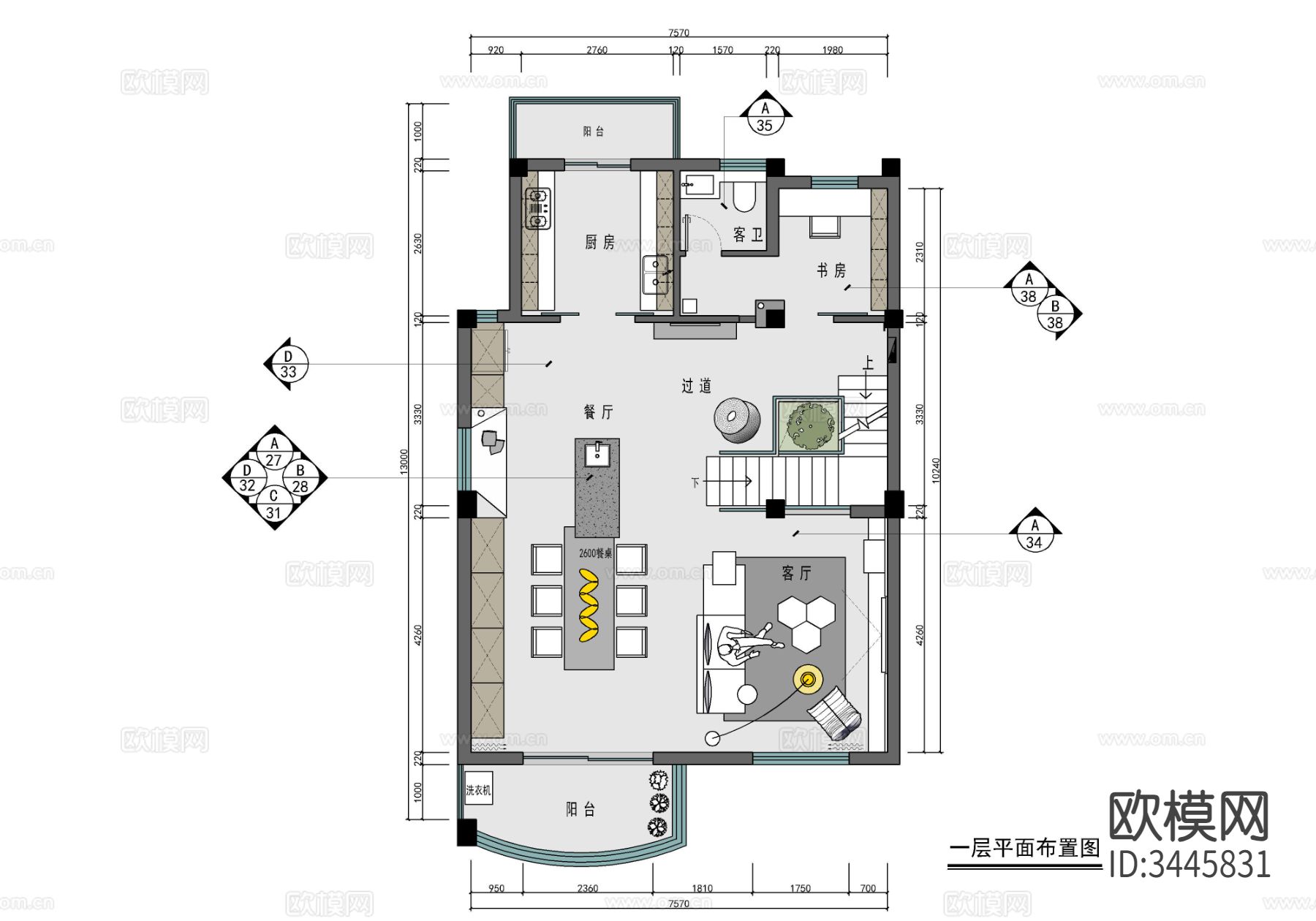 豪宅 样板房CAD施工图下载（渲染图1）