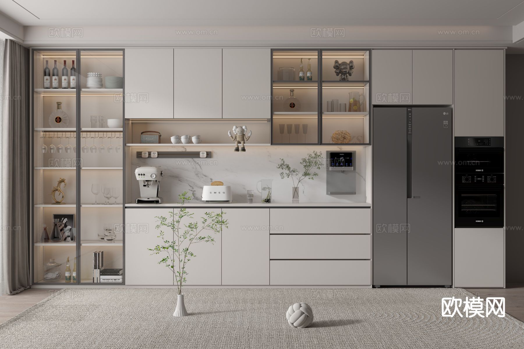 奶油风餐边柜 酒柜3d模型下载（渲染图2）