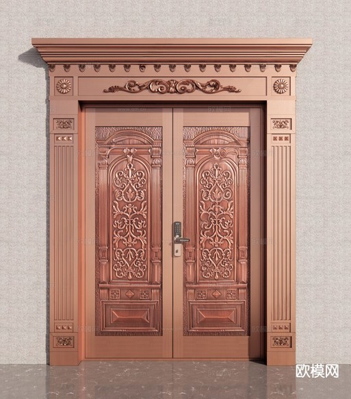 欧式铜门别墅门 双开门 入户门su模型下载(渲染图2)