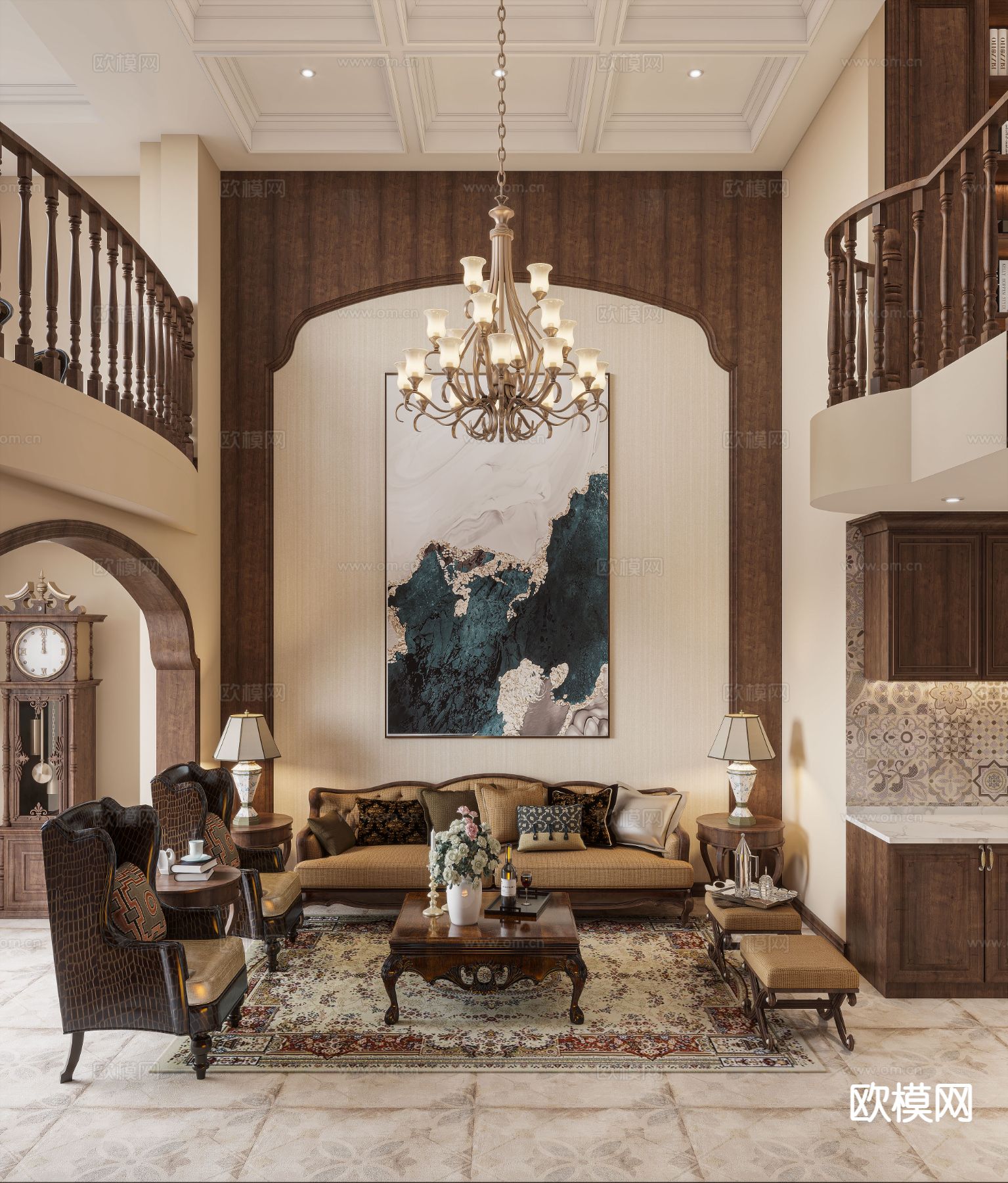美式别墅客厅 挑空客厅3d模型下载（渲染图1）
