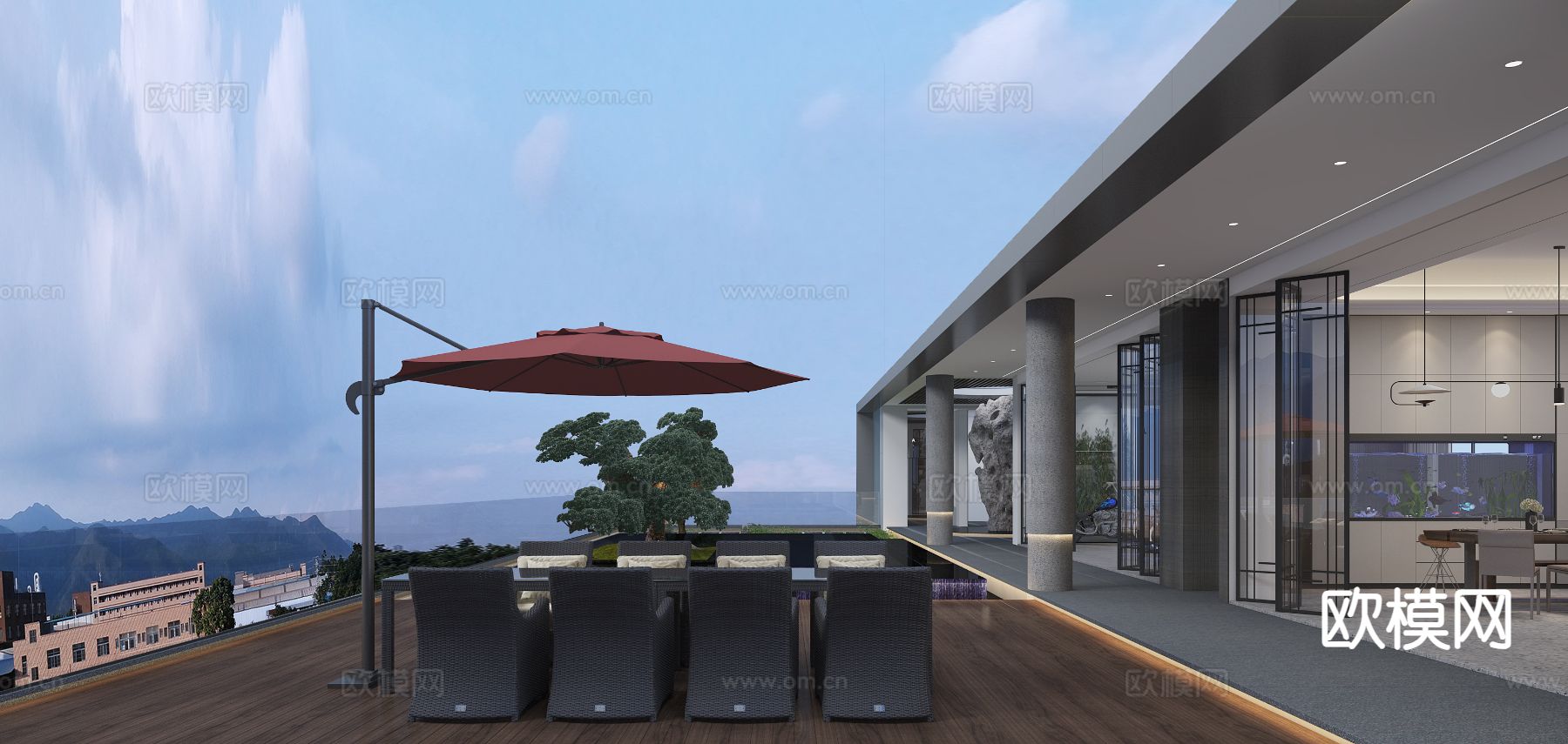 新中式阳台 露台 屋顶花园3d模型下载（渲染图1）