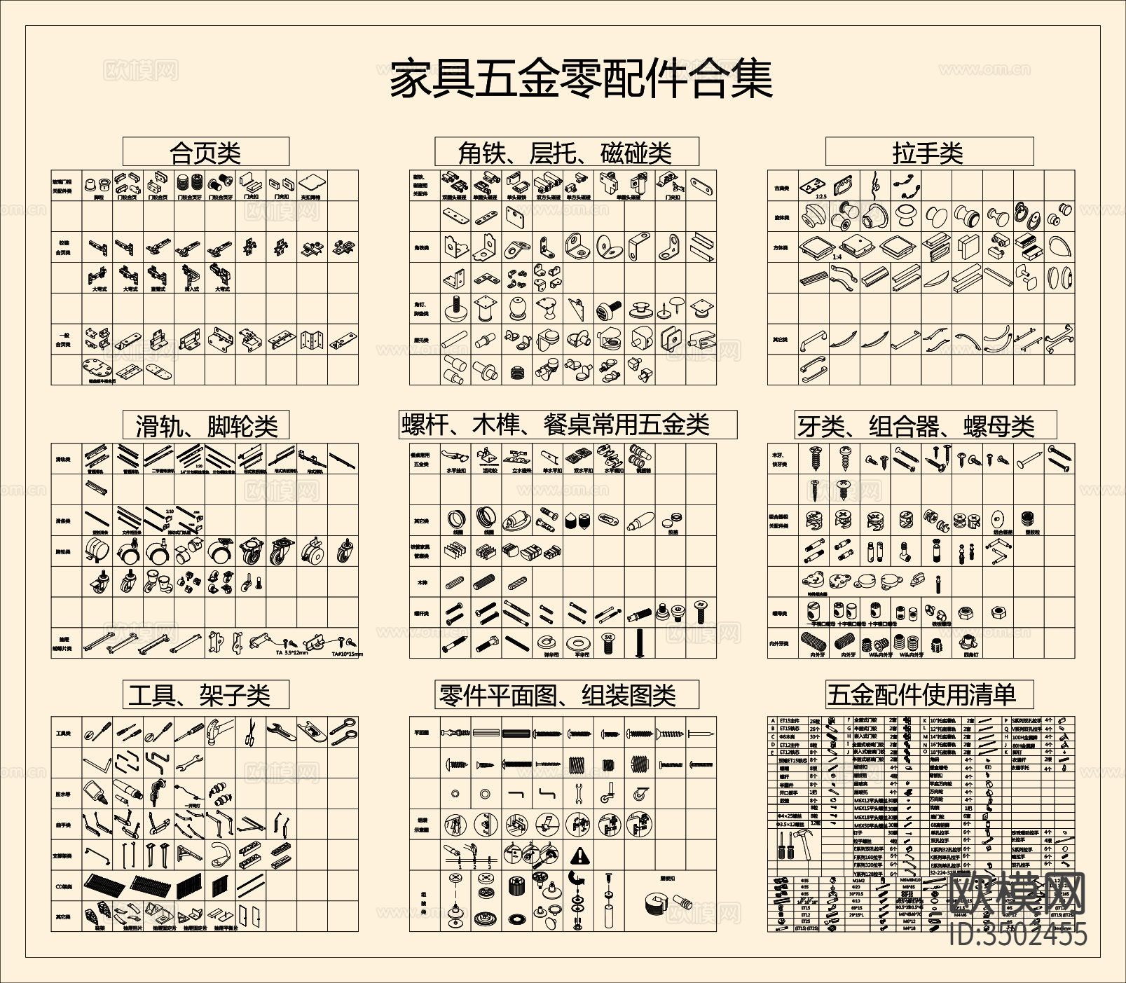 家具常用五金配件合集cad图库下载（渲染图1）