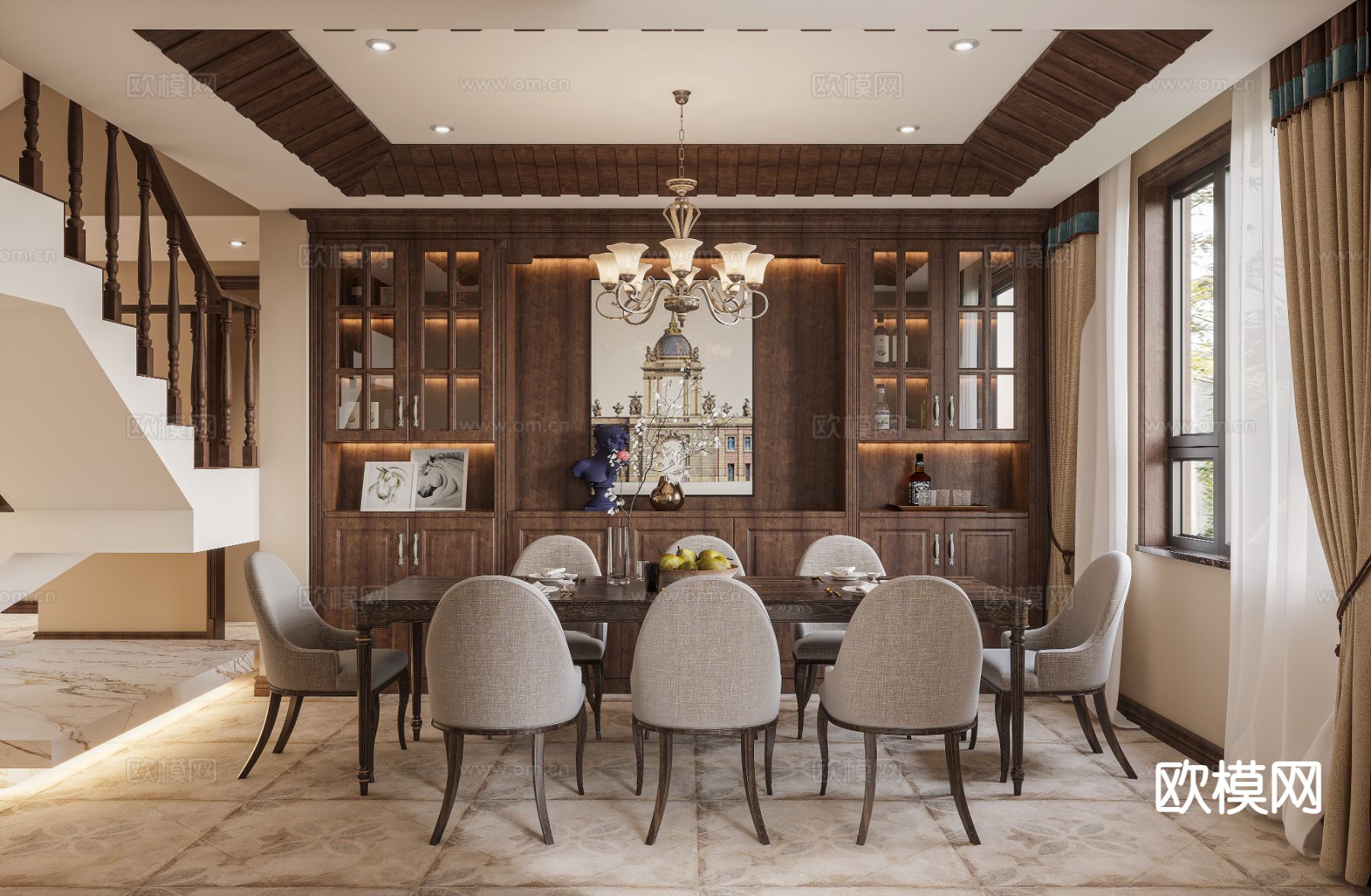 美式别墅客厅 挑空客厅3d模型下载（渲染图3）