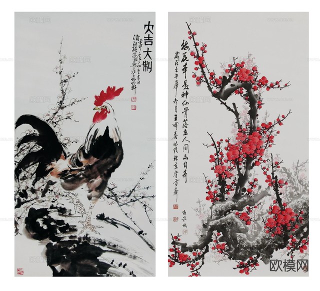 新中式红梅挂画 装饰画3d模型下载