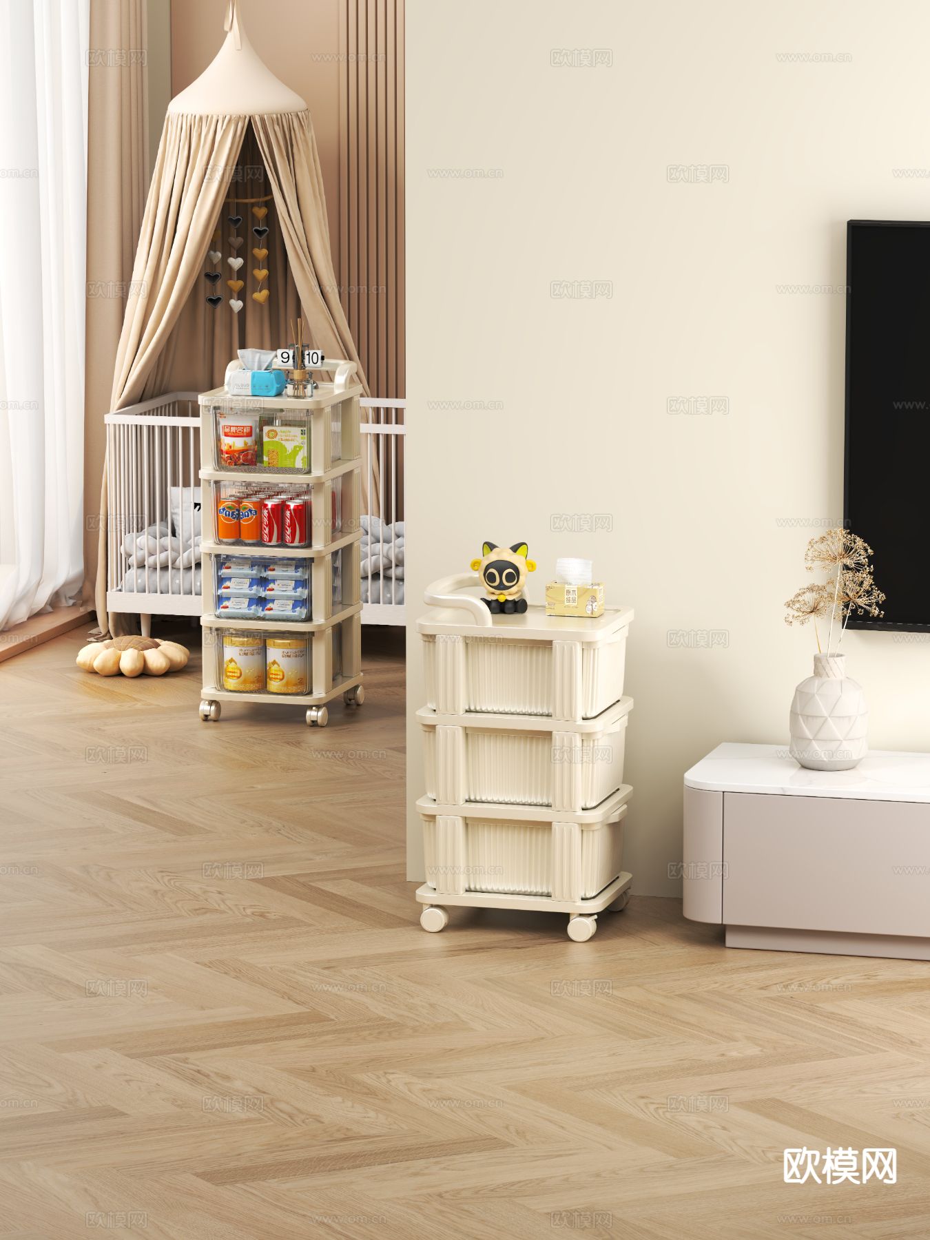 奶油风边几 桌几 移动推车3d模型下载