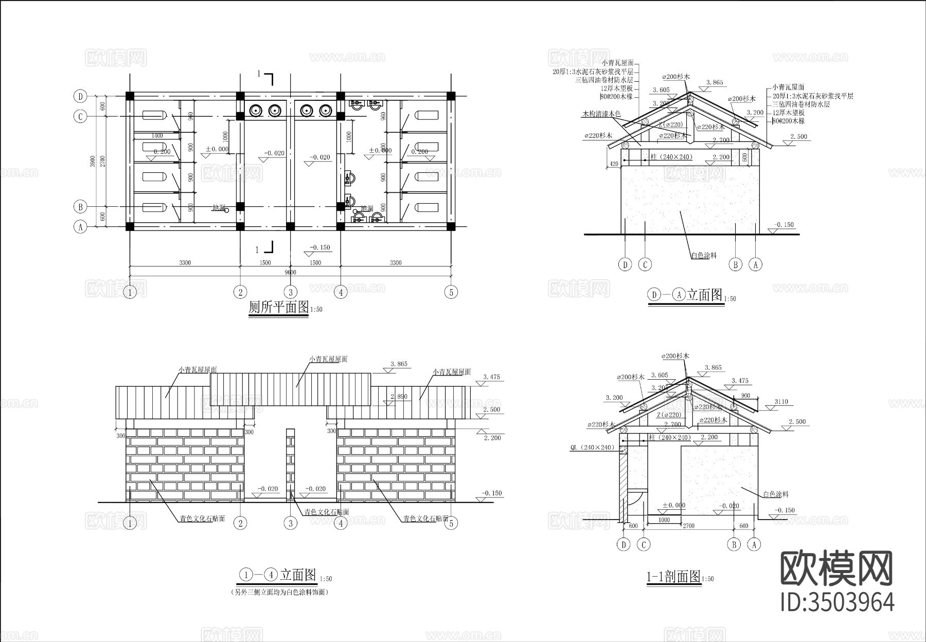公共厕所，卫生间建筑cad施工图下载（渲染图1）