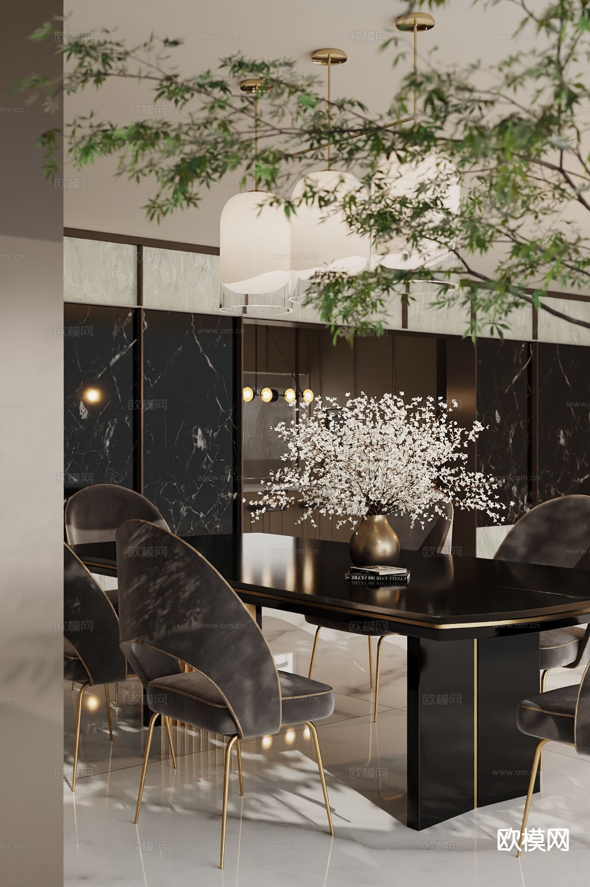 轻奢餐桌椅 条形餐桌3d模型下载