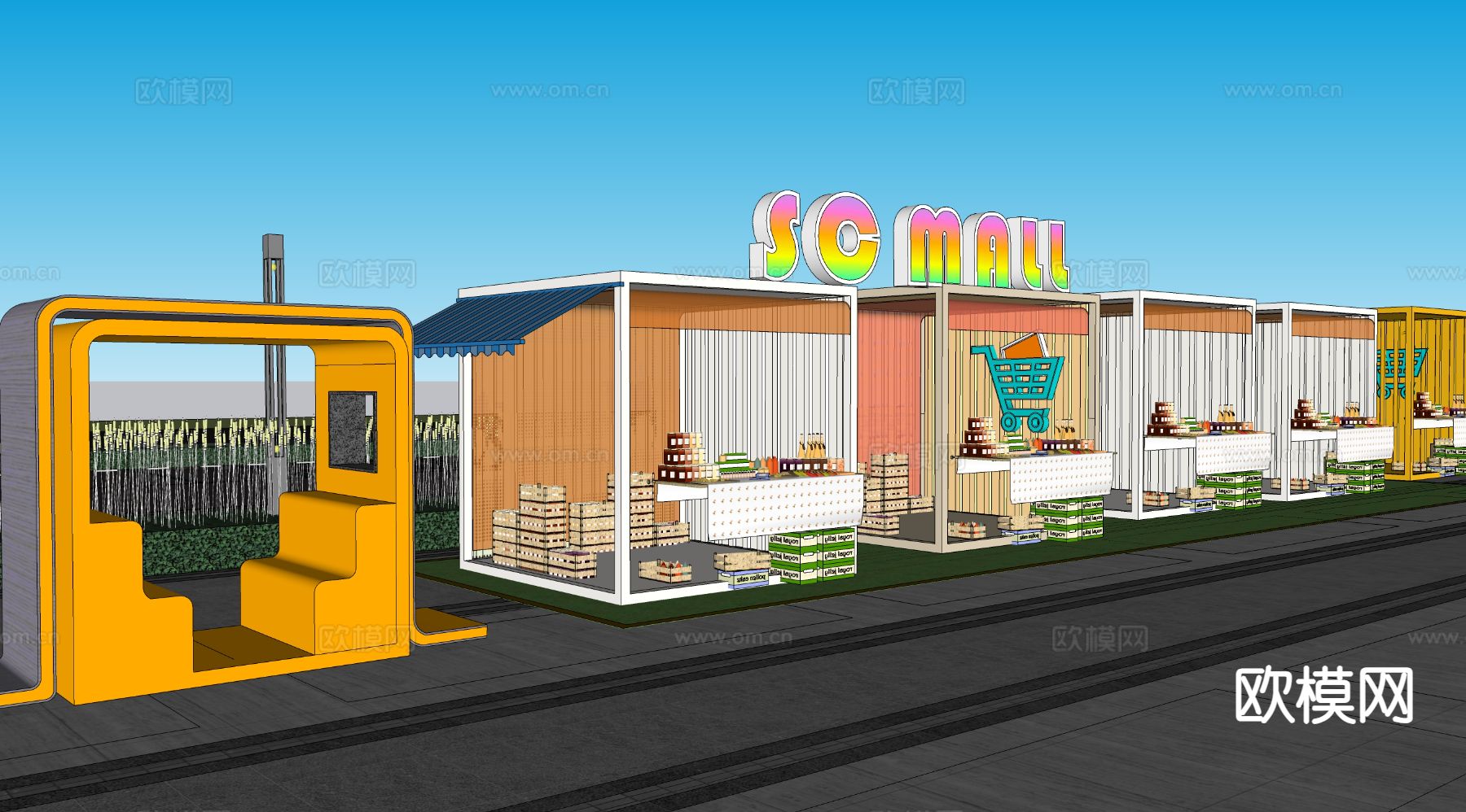 商业街摊位 集装箱摊位su模型下载（渲染图2）