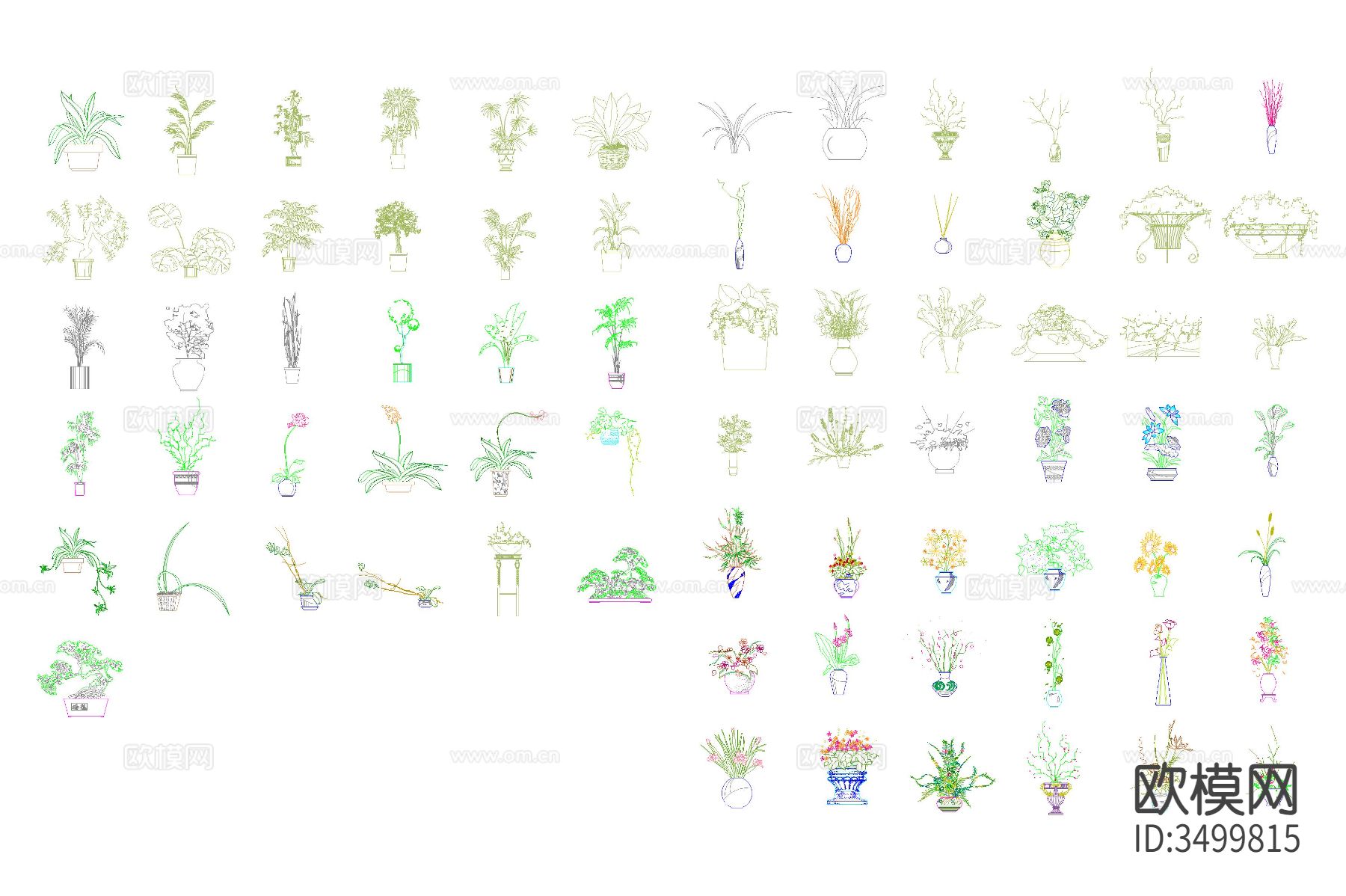 花卉 盆栽立面cad图库下载（渲染图1）