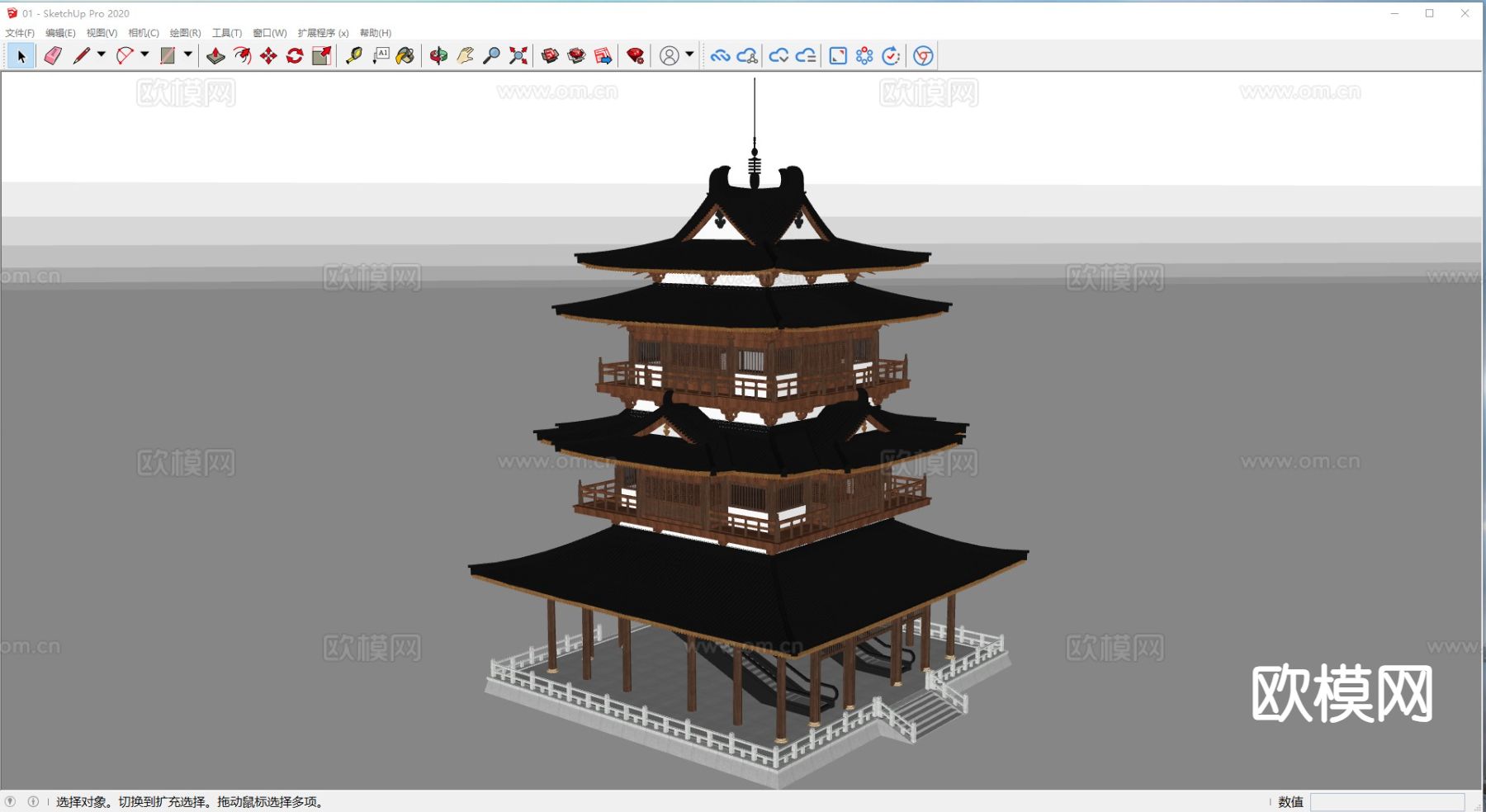 新中式古建筑 亭子 塔楼su模型下载（渲染图1）