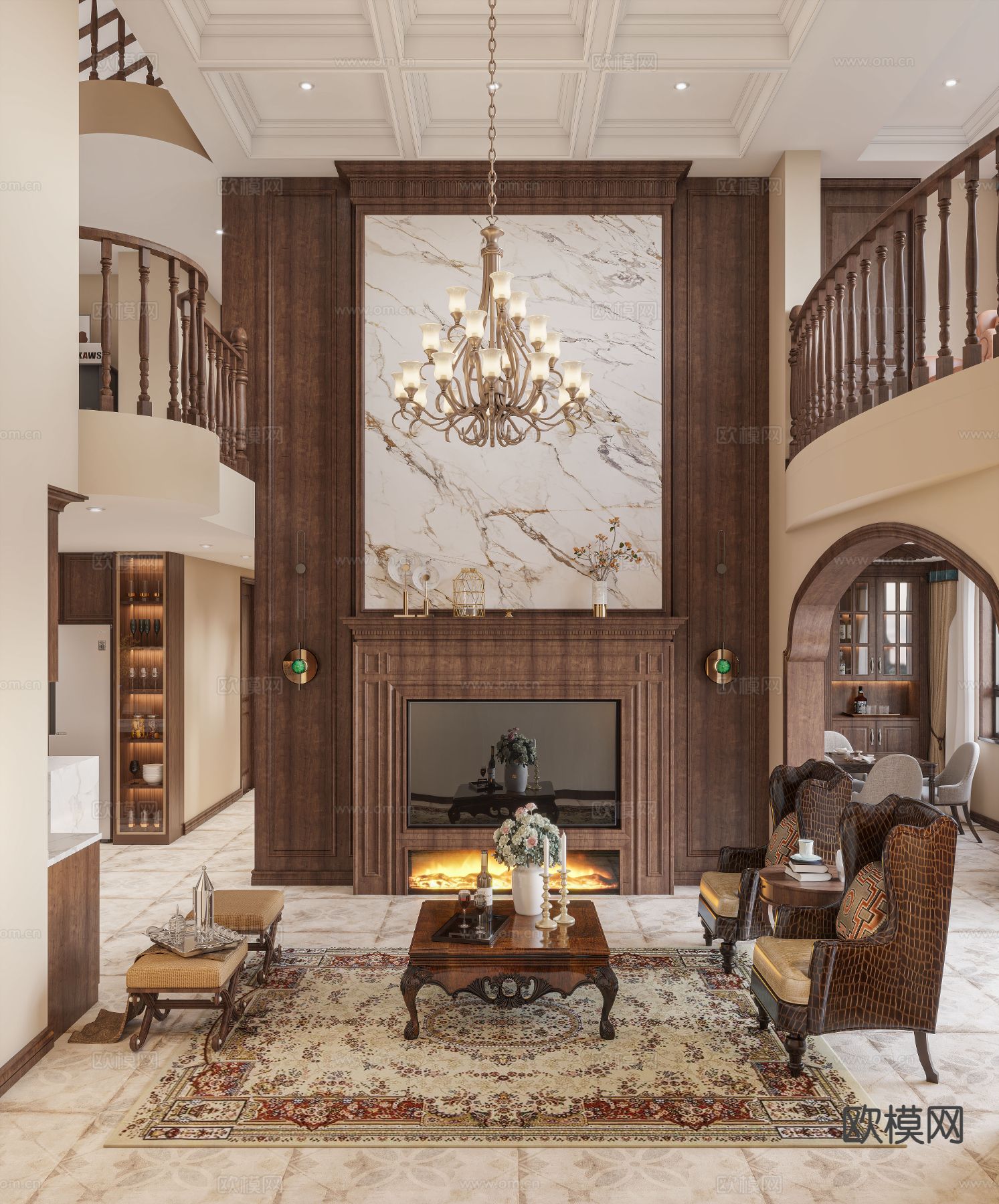 美式别墅客厅 挑空客厅3d模型下载（渲染图2）