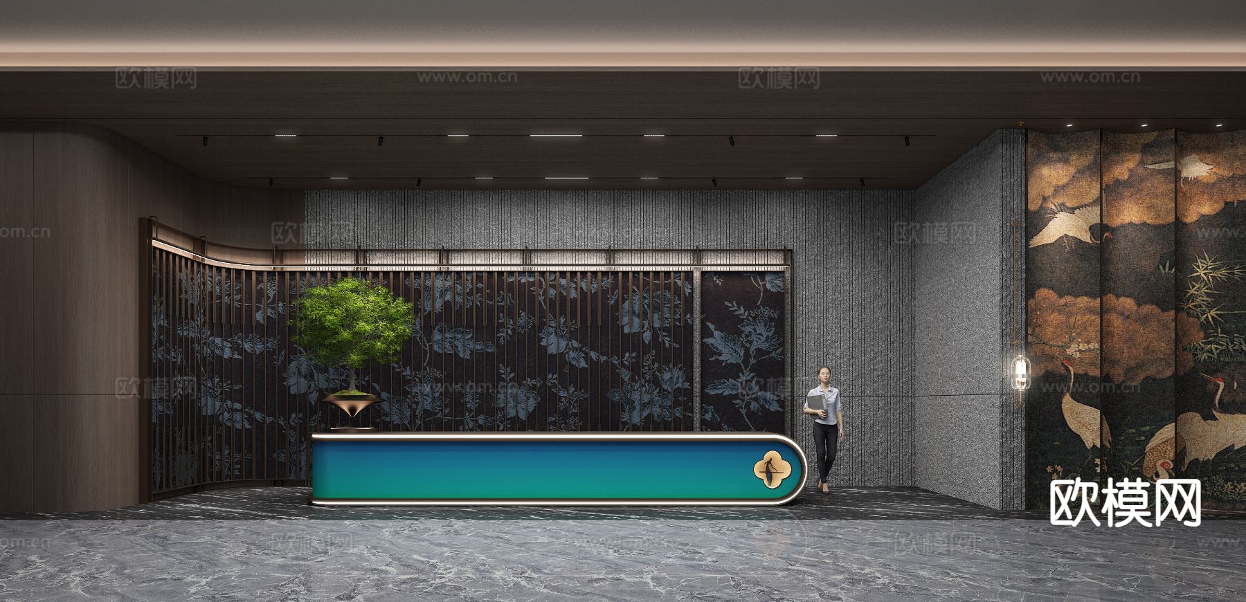 新中式前台 接待台3d模型下载（渲染图1）