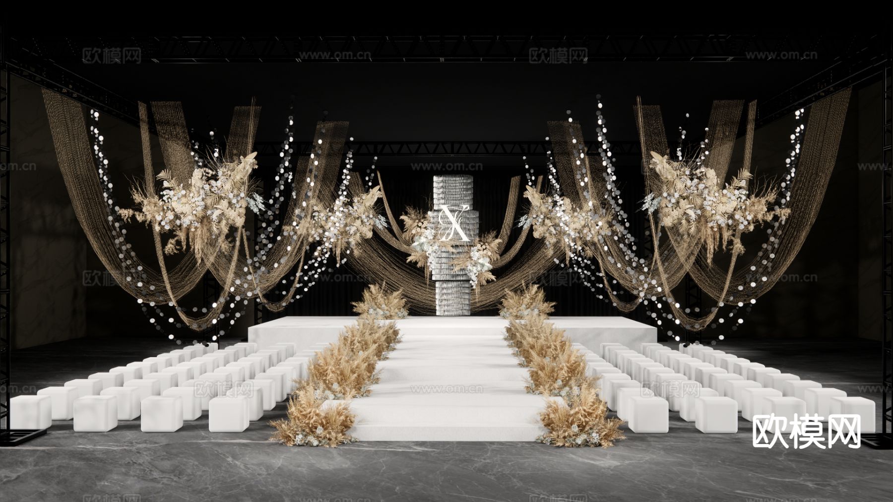 香槟色线帘 婚礼场景su模型下载（渲染图1）