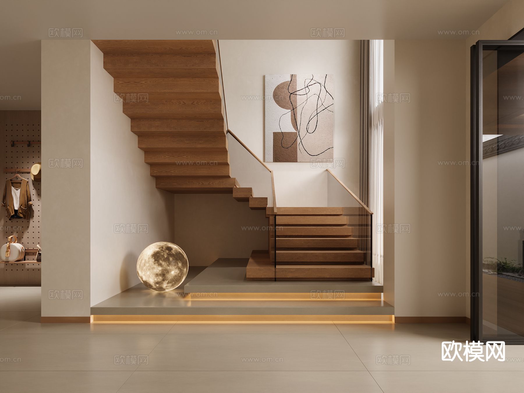 原木风楼梯间3d模型下载