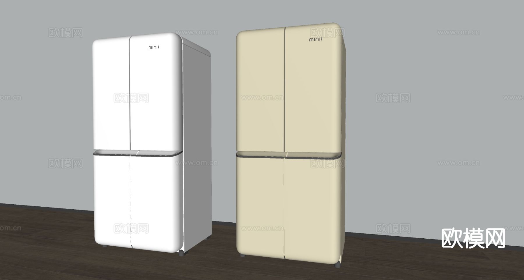 奶油风双开门冰箱su模型下载（渲染图1）