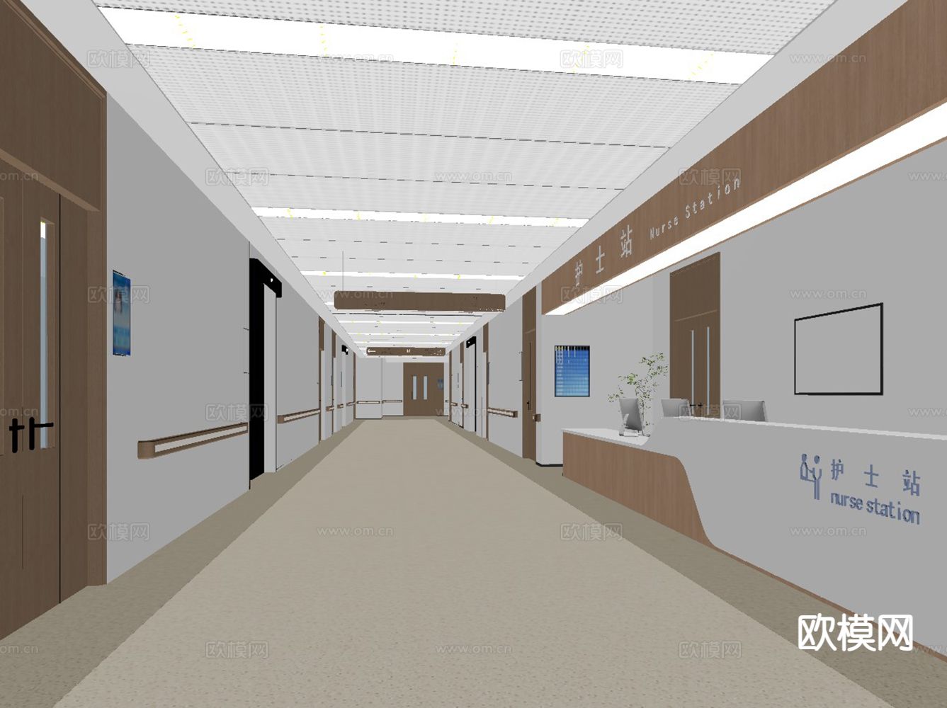 现代医院 护士站走道su模型下载（渲染图1）