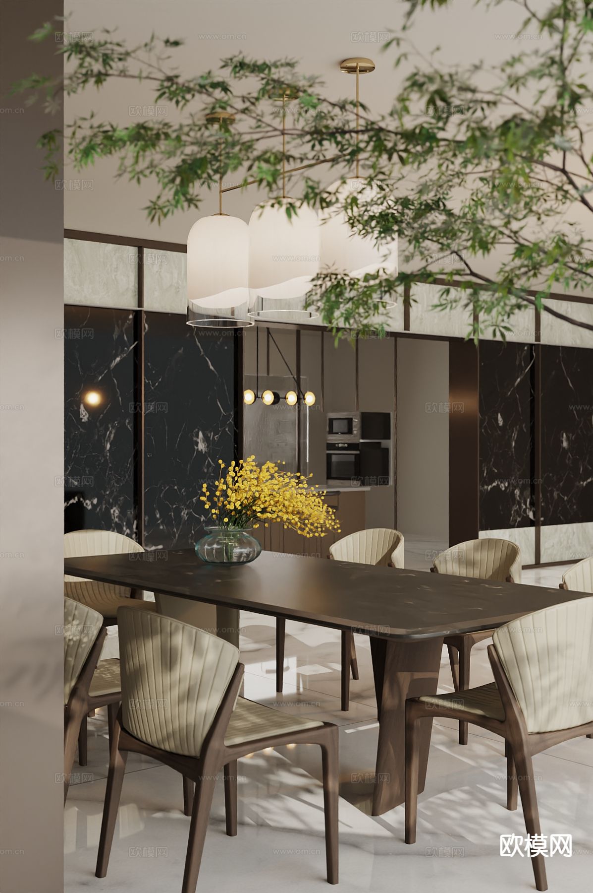 意式餐桌椅 条形餐桌3d模型下载