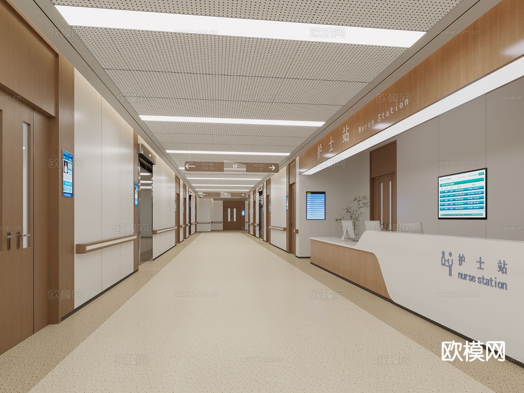 现代医院 护士站走道su模型下载（渲染图2）