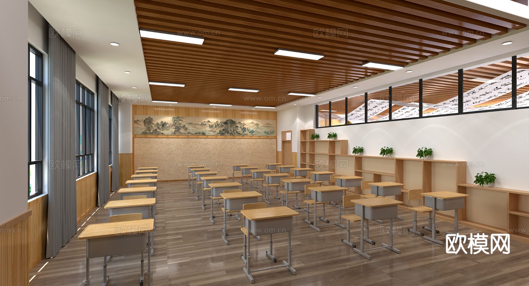 新中式教室 科室3d模型下载（渲染图2）