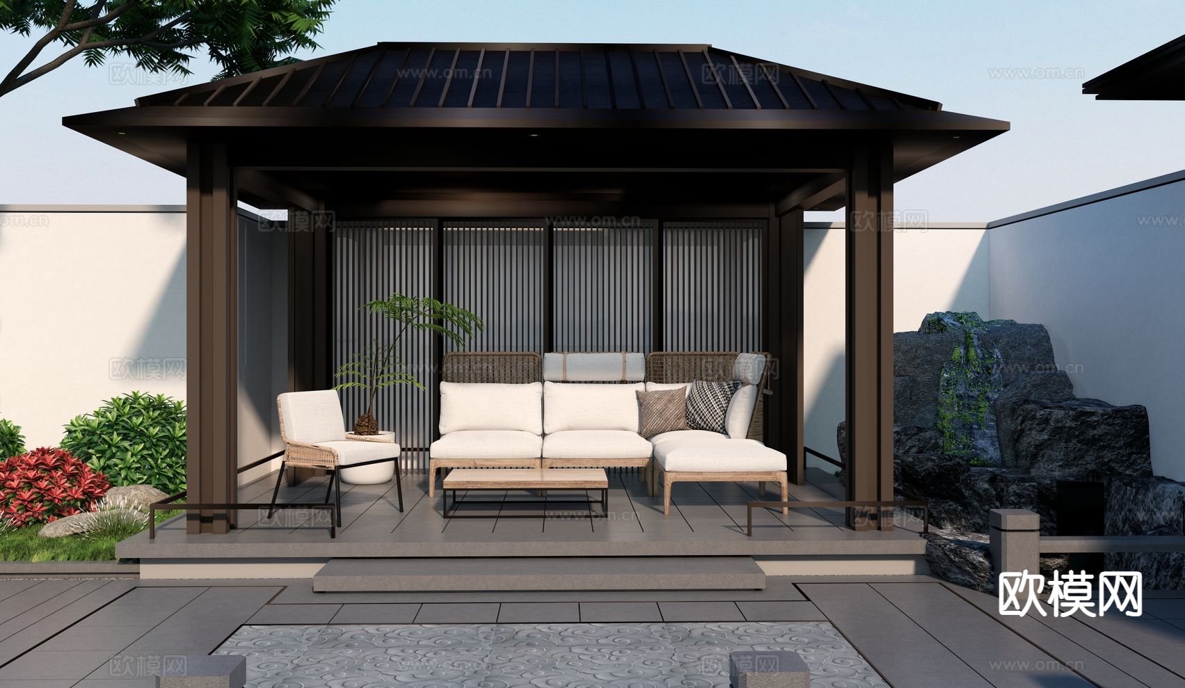 现代庭院景观 亭廊su模型下载（渲染图2）