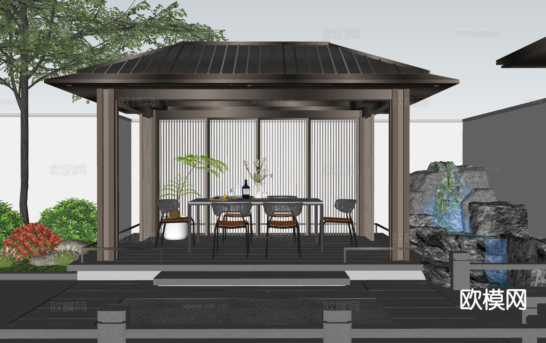 现代庭院景观 亭廊su模型下载（渲染图1）