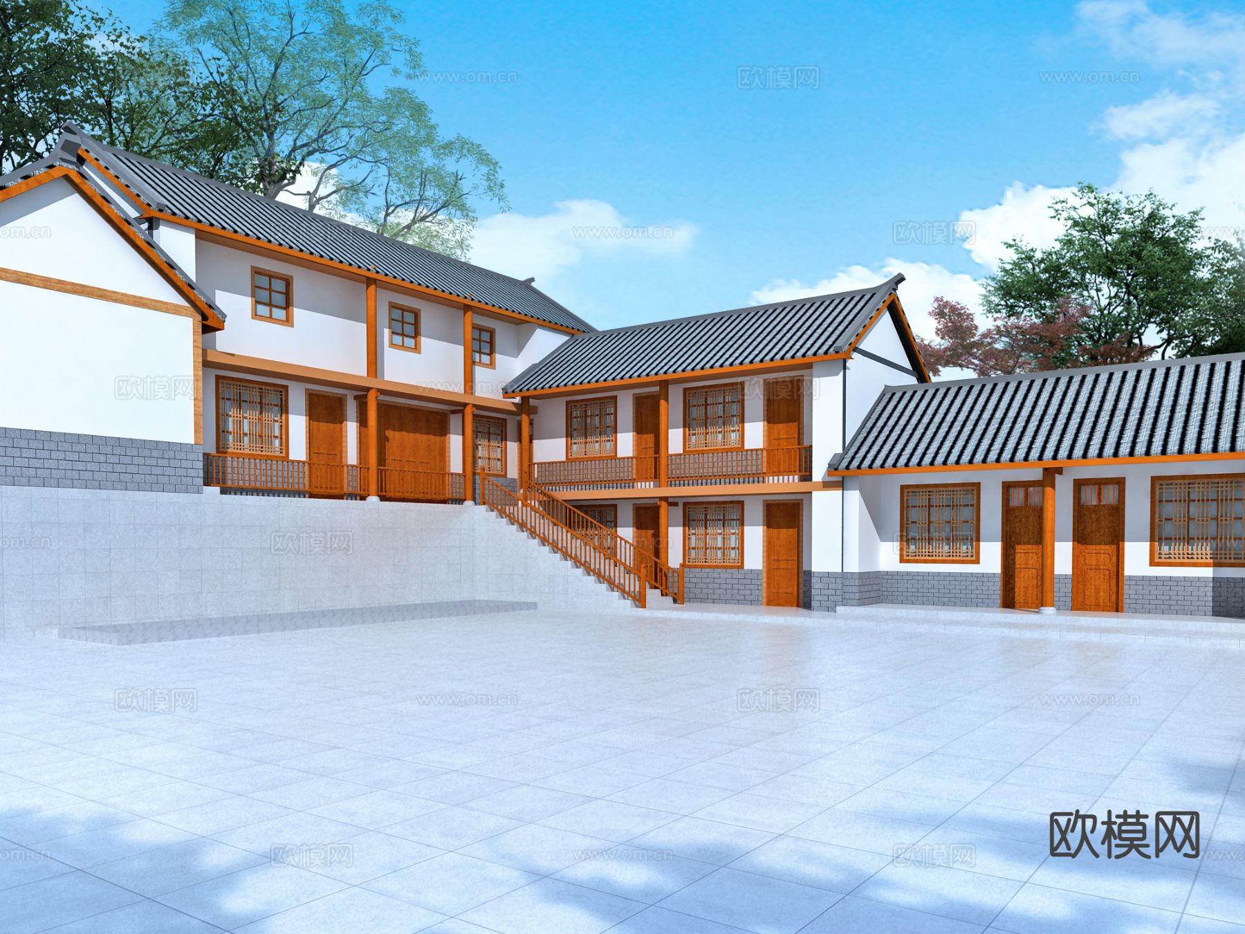 新中式古建 四合院3d模型下载（渲染图1）