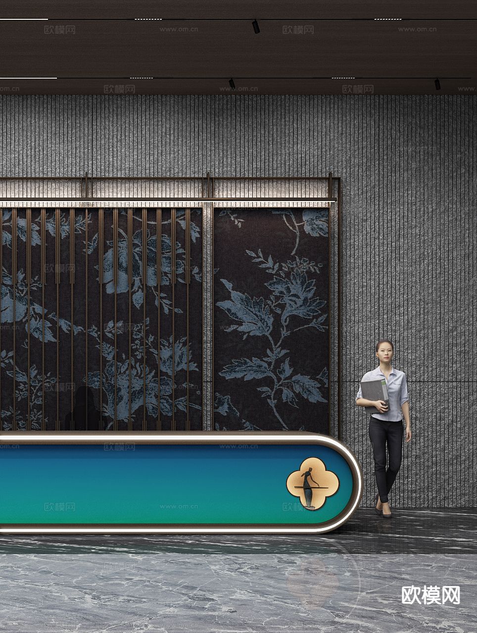 新中式前台 接待台3d模型下载（渲染图2）
