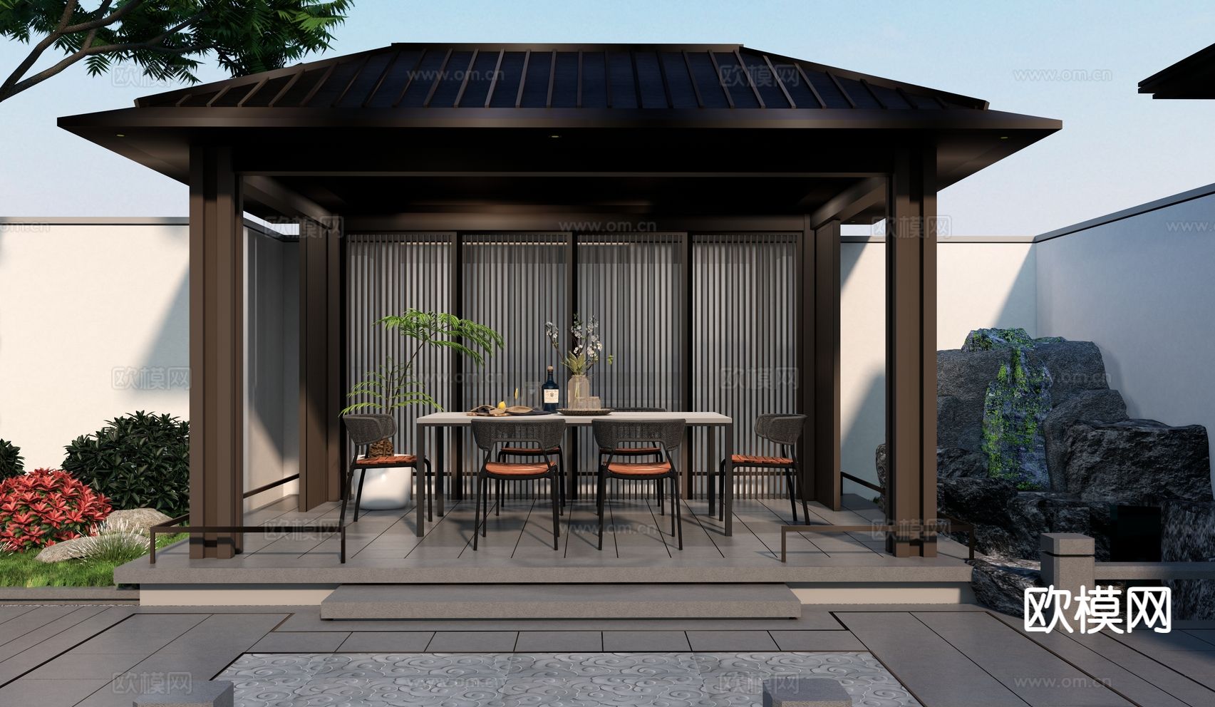 现代庭院景观 亭廊su模型下载（渲染图2）