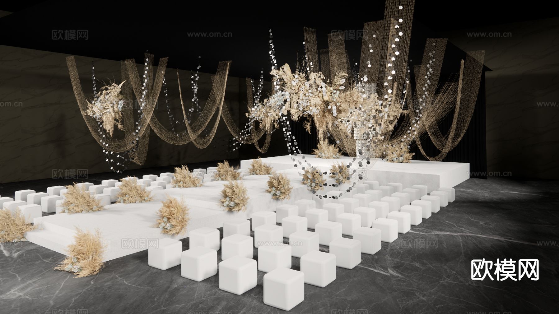 香槟色线帘 婚礼场景su模型下载（渲染图2）