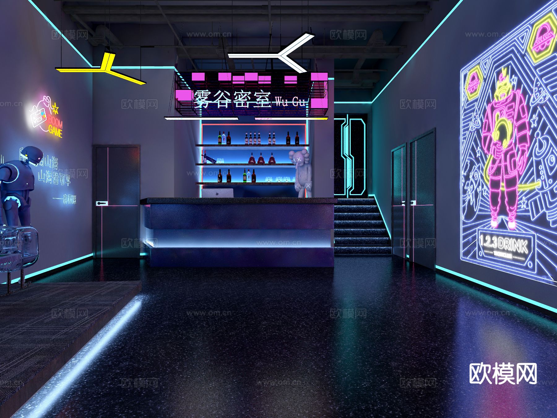 工业风密室逃脱 剧本杀大厅3d模型下载（渲染图2）