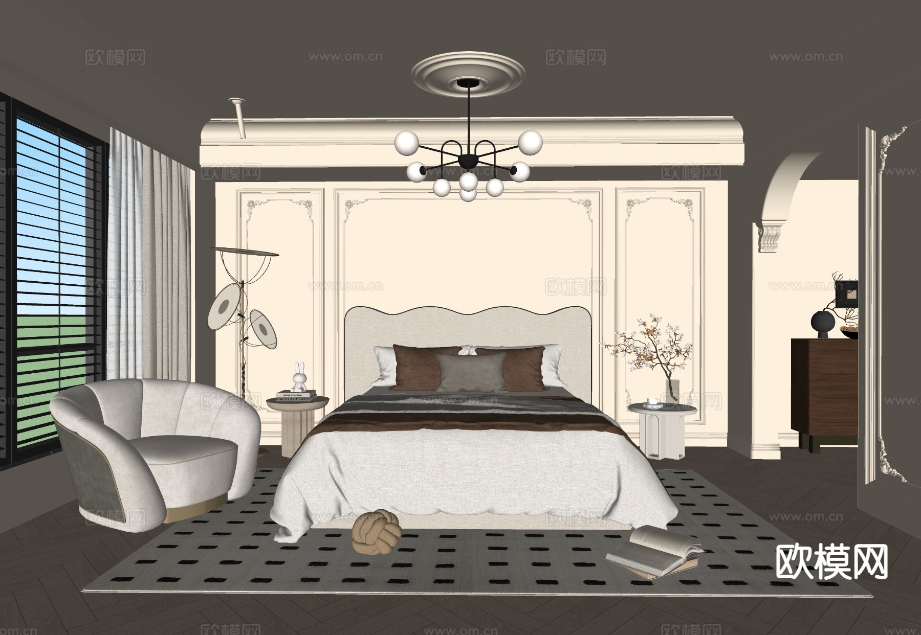 奶油风卧室 主卧su模型下载（渲染图1）