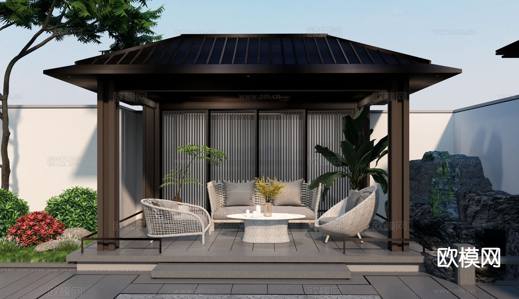 现代庭院景观 亭廊su模型下载（渲染图2）