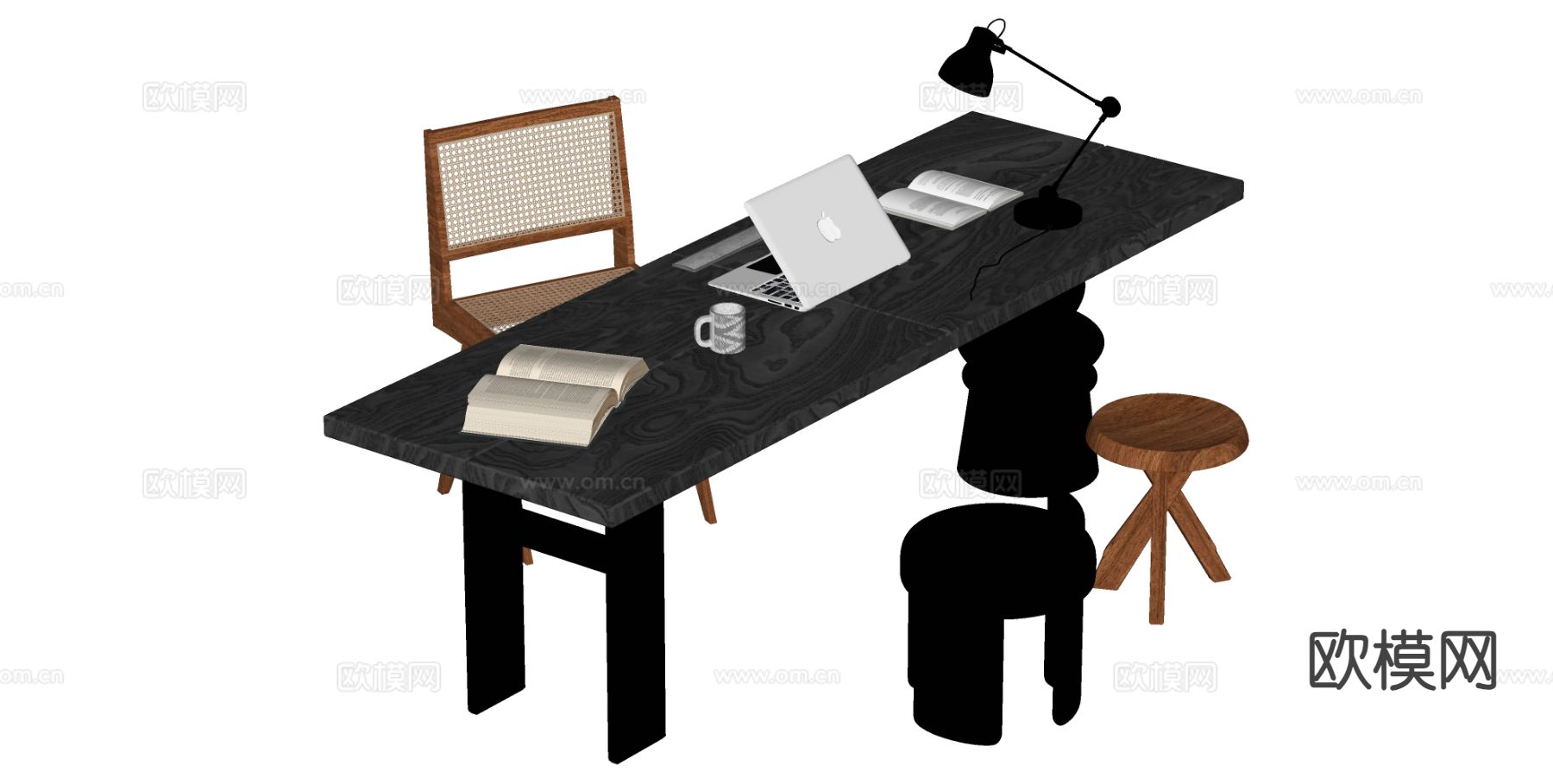 中古风书桌椅su模型下载（渲染图1）