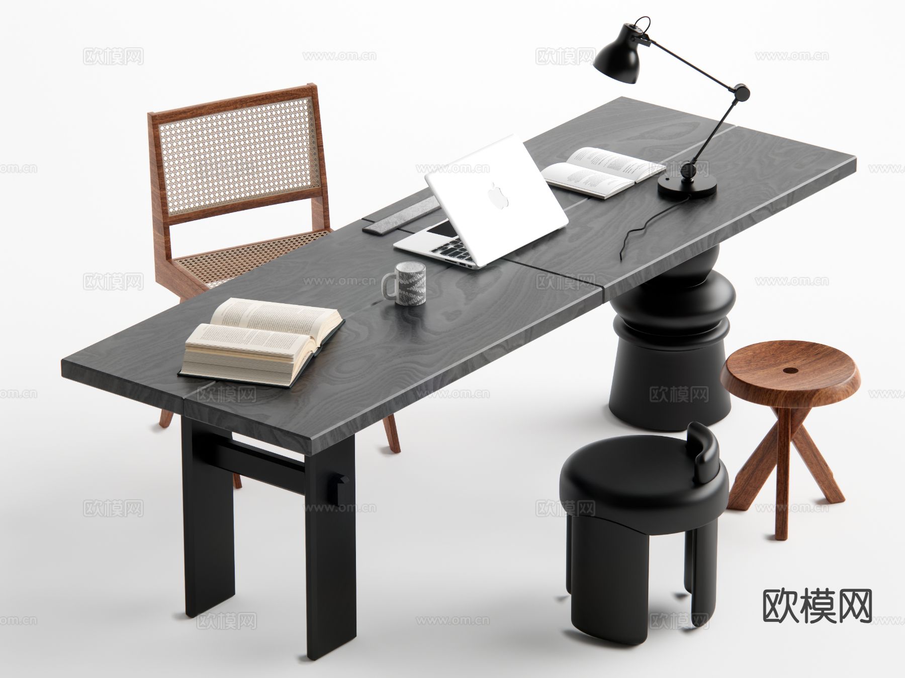 中古风书桌椅su模型下载（渲染图2）