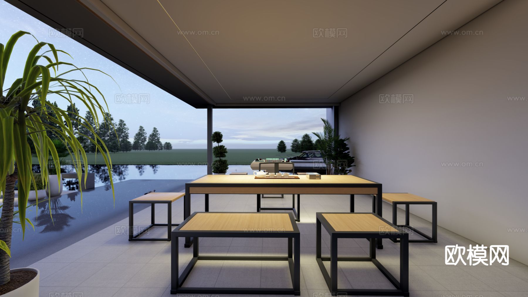 现代庭院茶室 亭廊空间su模型下载（渲染图2）