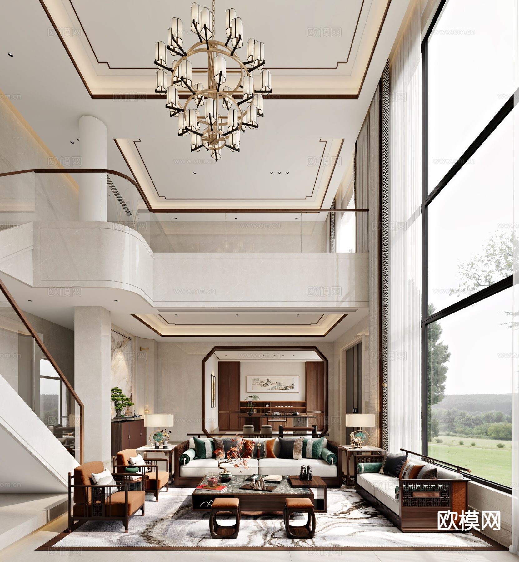 新中式客餐厅3d模型下载（渲染图1）