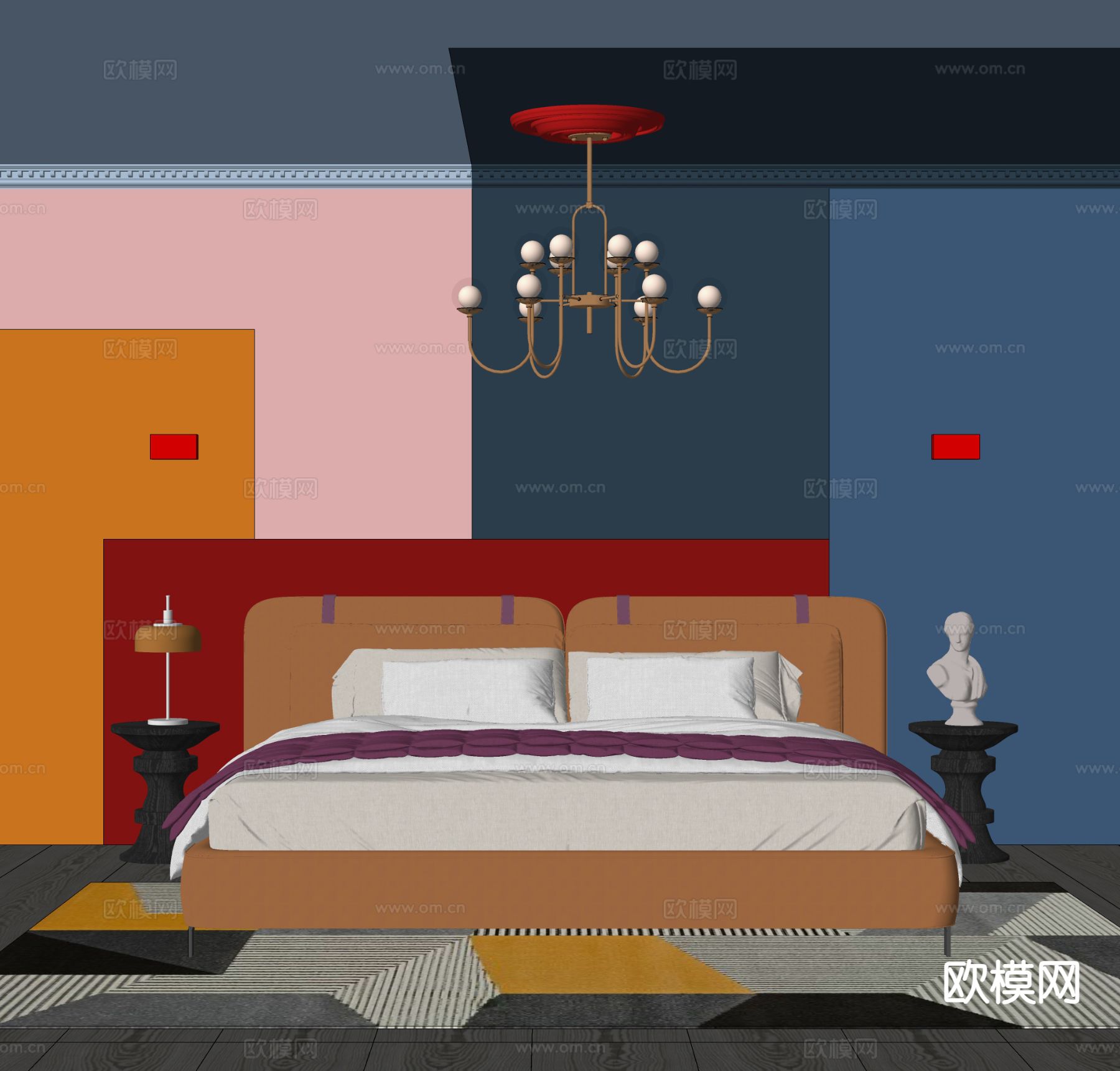 孟菲斯双人床su模型下载（渲染图1）