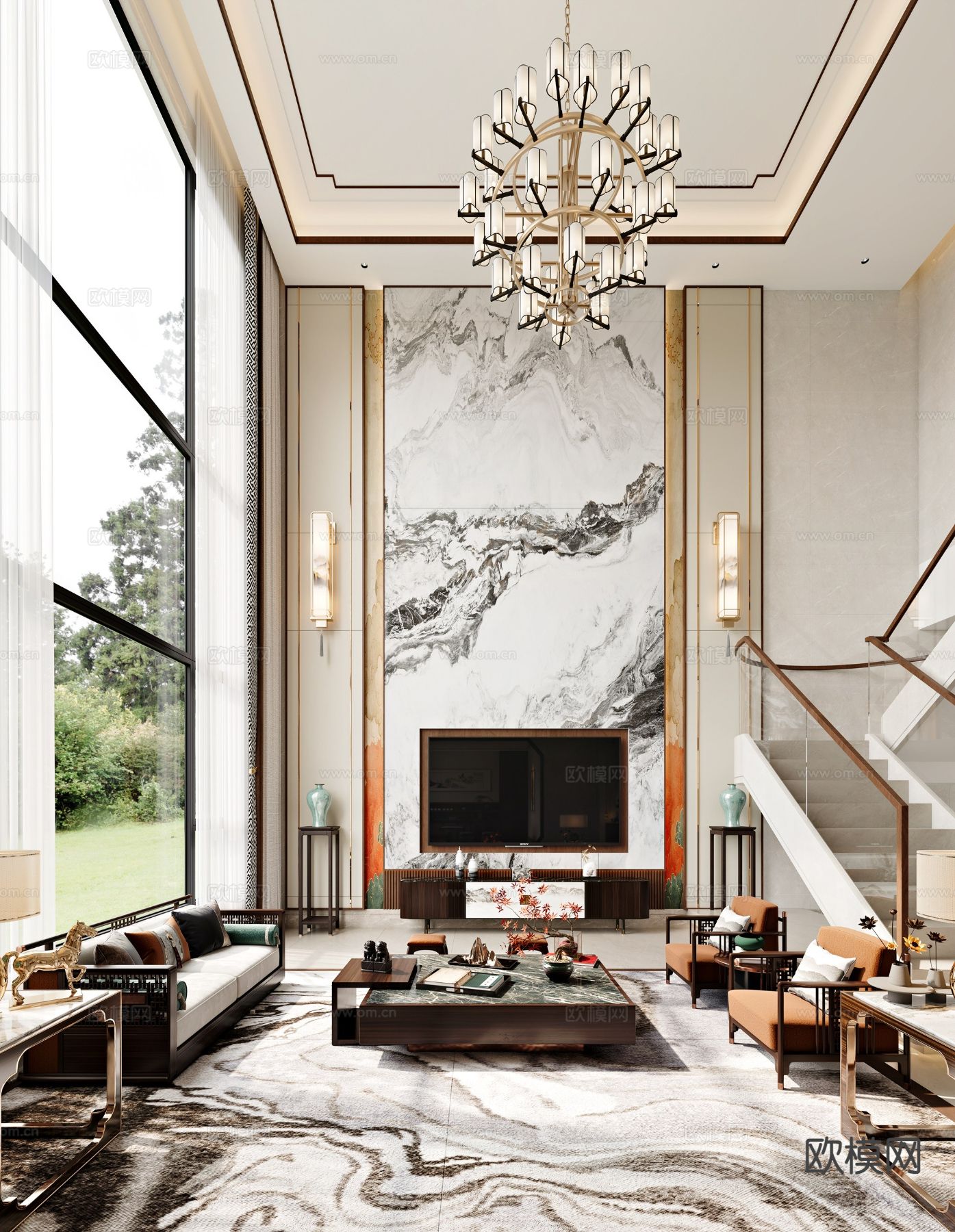 新中式客餐厅3d模型下载（渲染图2）