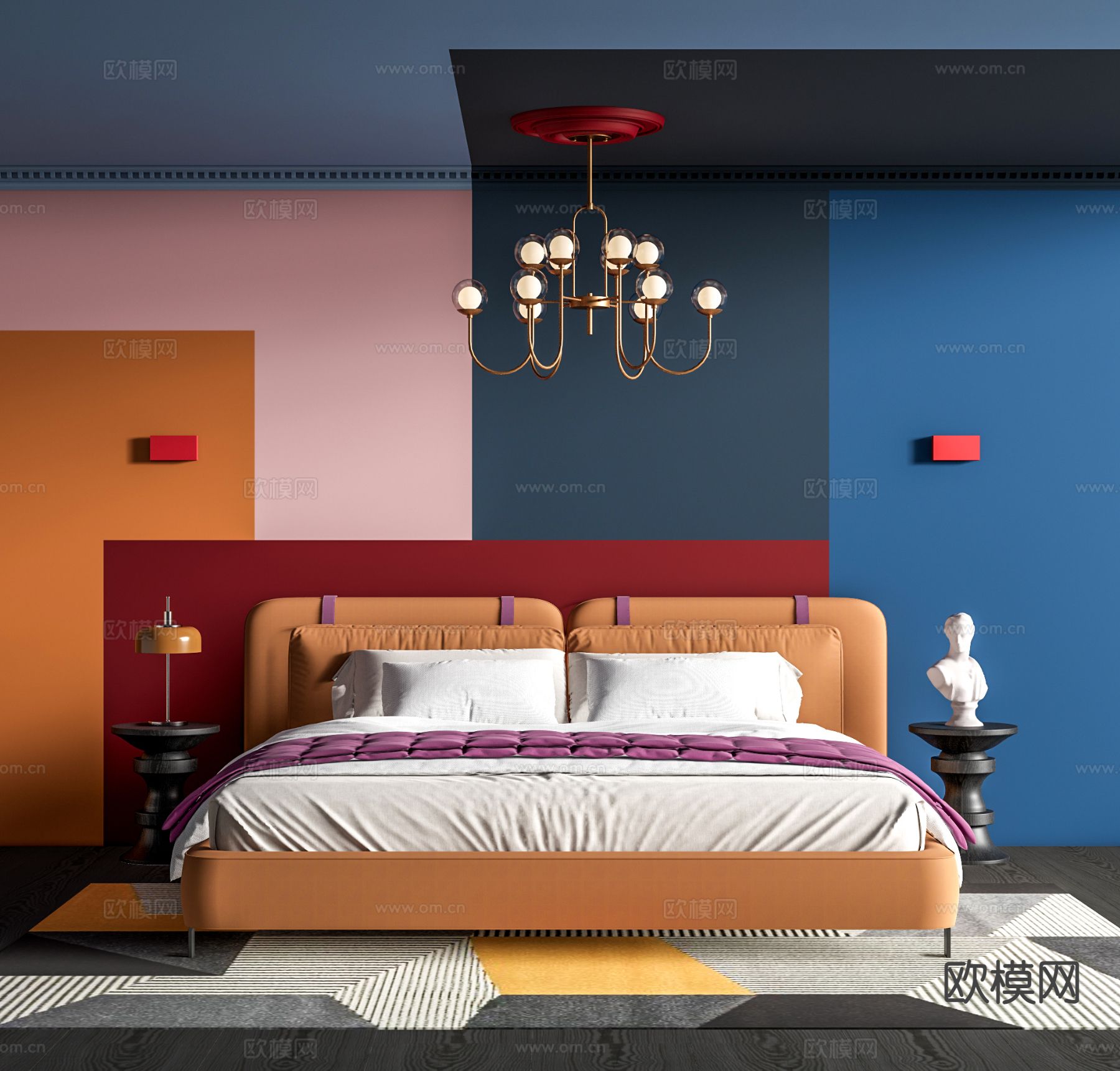 孟菲斯双人床su模型下载（渲染图2）