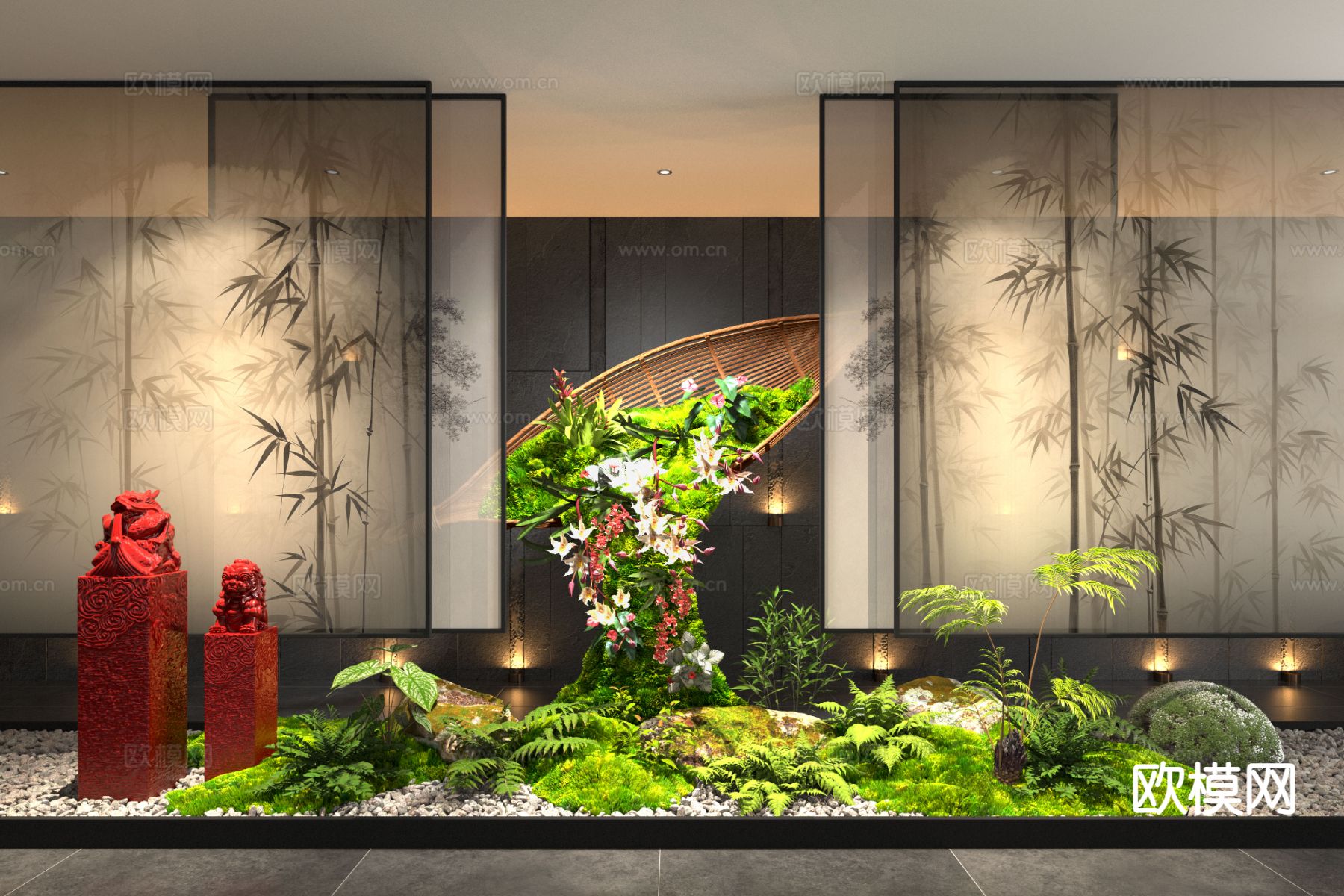 新中式室内造景 室内景观3d模型下载