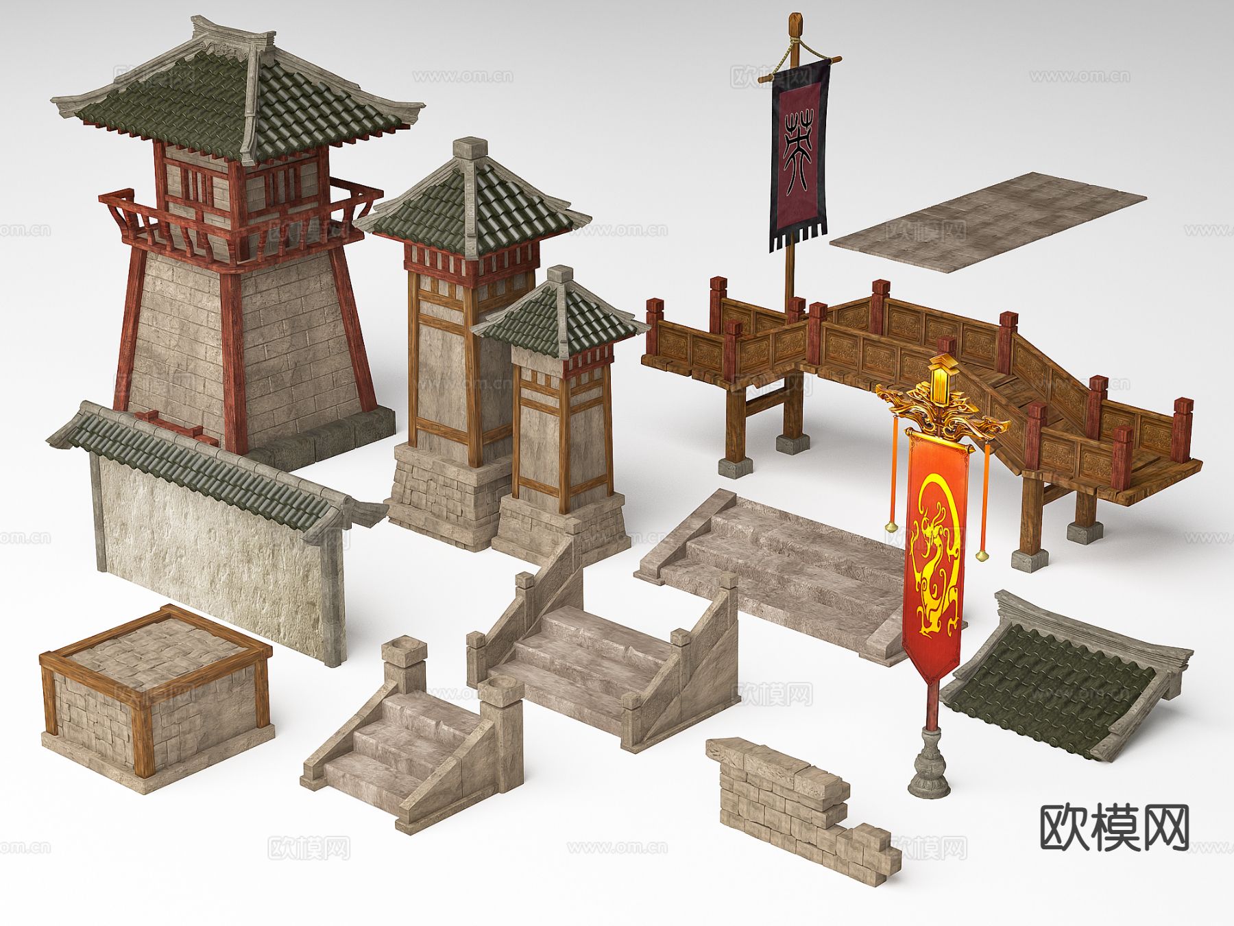 新中式建筑构件 桥梁 阶梯 塔楼3d模型下载