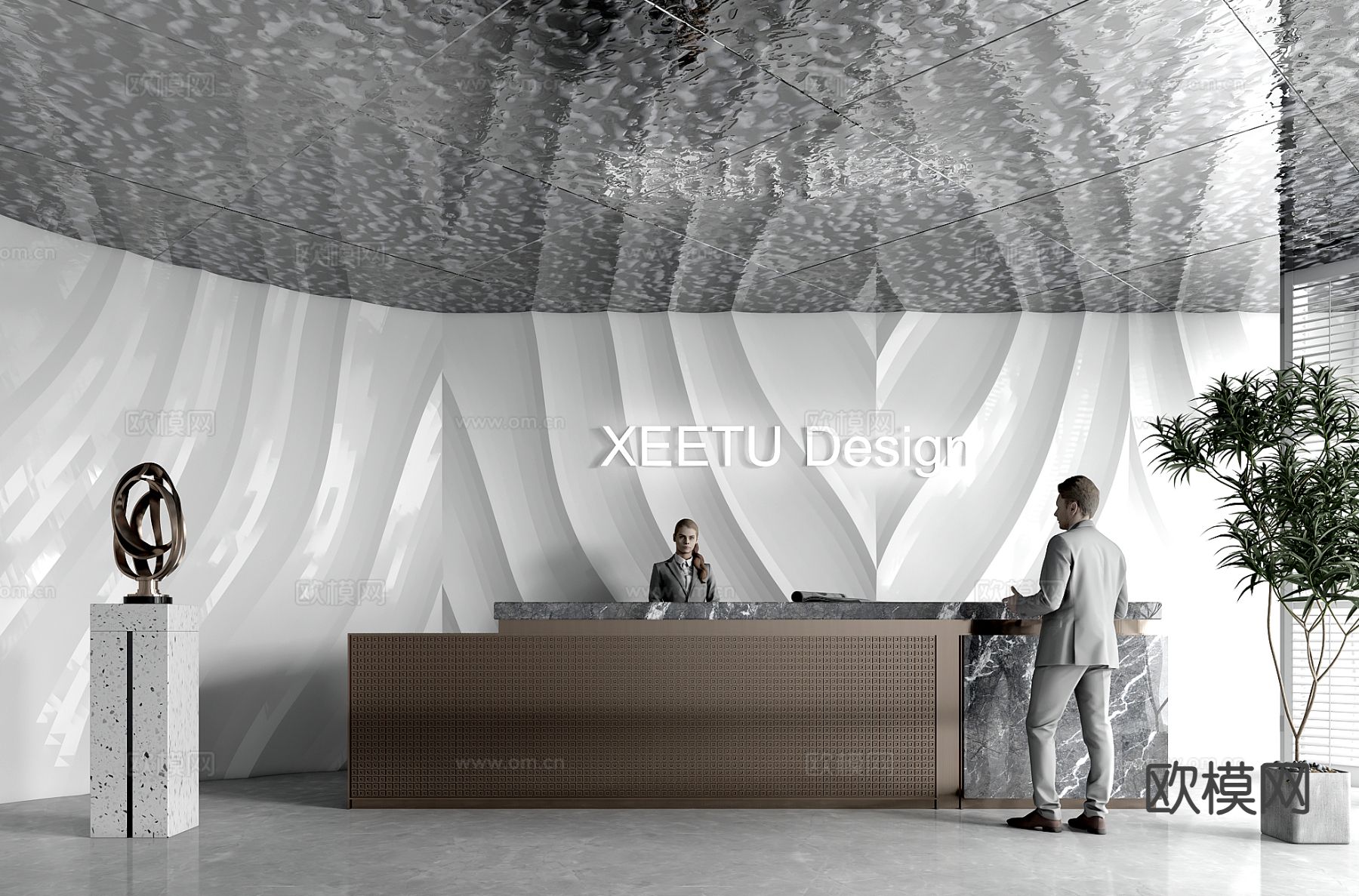 轻奢公司前台 接待厅su模型下载（渲染图2）