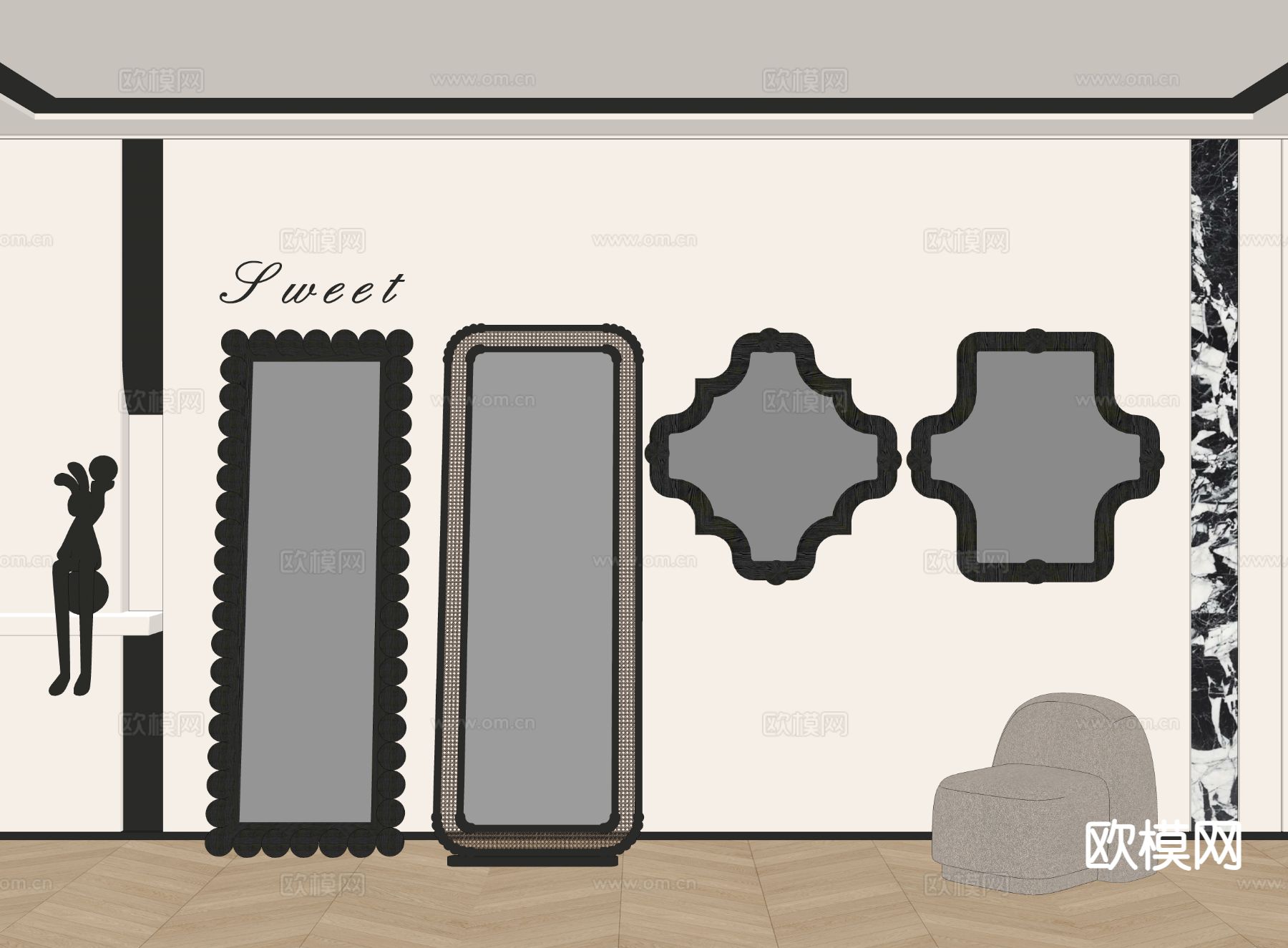 中古风装饰镜 落地镜 试衣镜su模型下载（渲染图1）