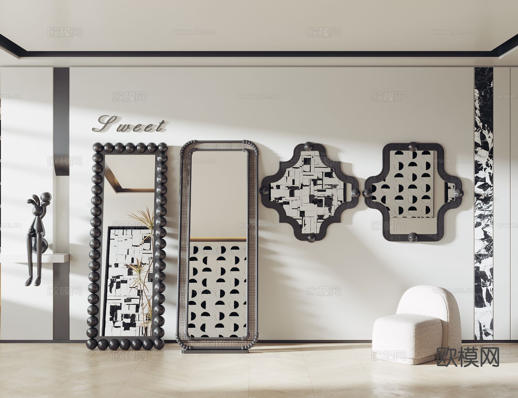 中古风装饰镜 落地镜 试衣镜su模型下载（渲染图2）